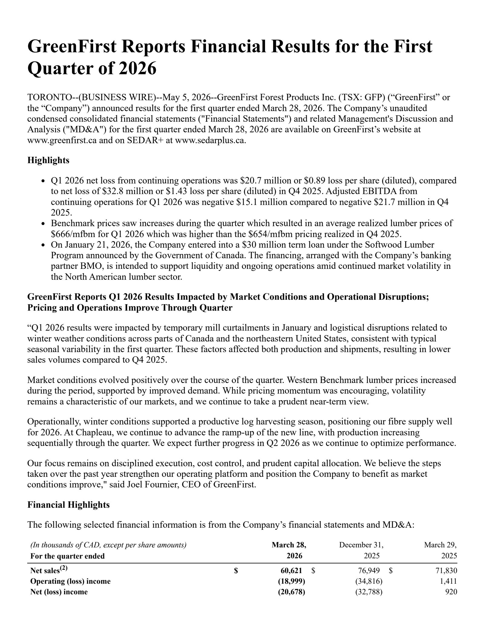 GreenFirst Forest Products' Q1 2026 Press Release