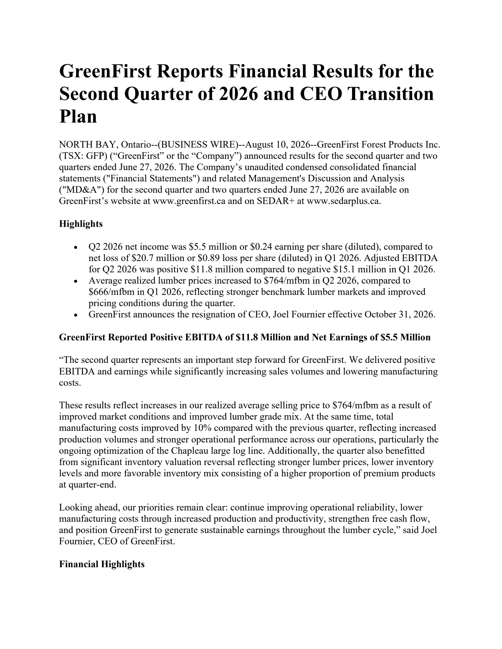 GreenFirst Forest Products' Q2 2026 Press Release