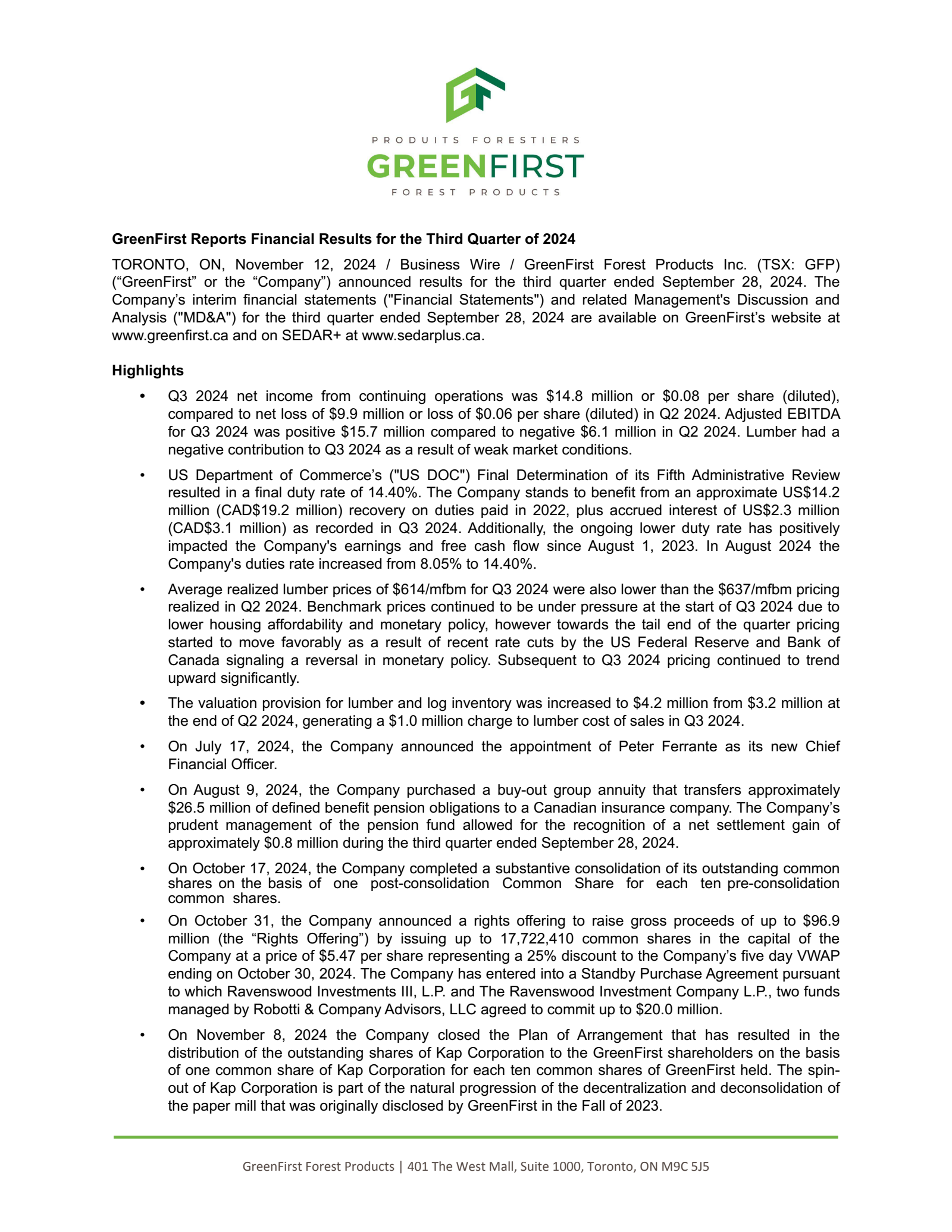 GreenFirst Forest Products' Q3 2024 Press Release