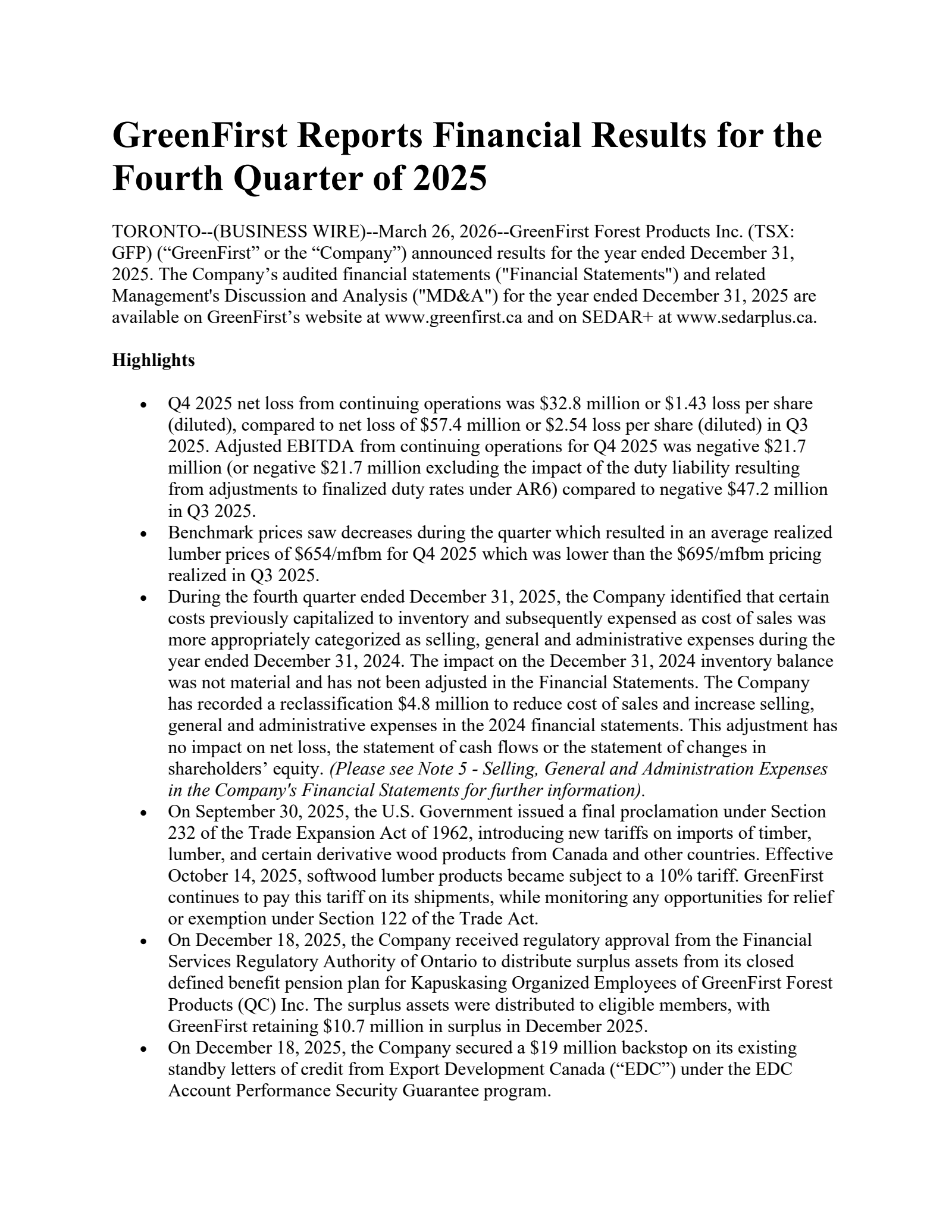 GreenFirst Forest Products' Q4 2025 Press Release