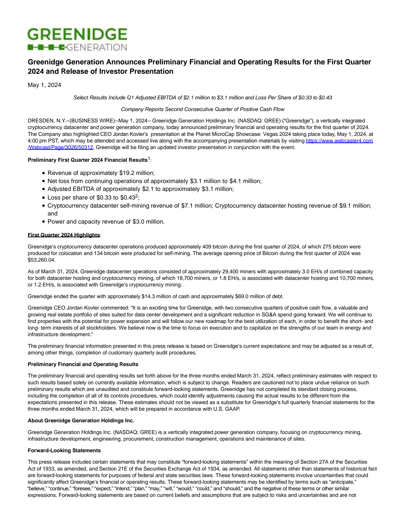 Greenidge Generation's Q1 2024 Press Release