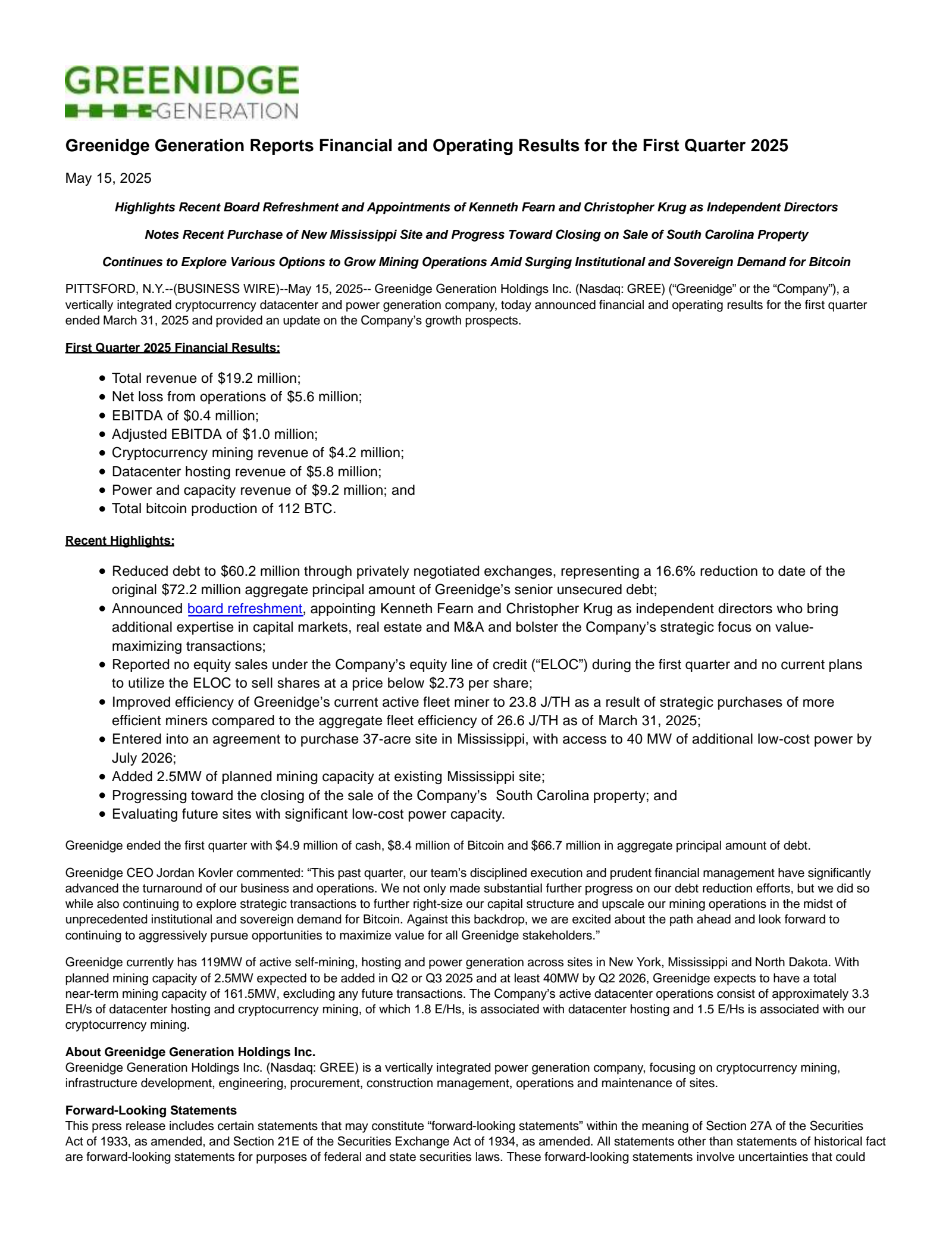 Greenidge Generation's Q1 2025 Press Release