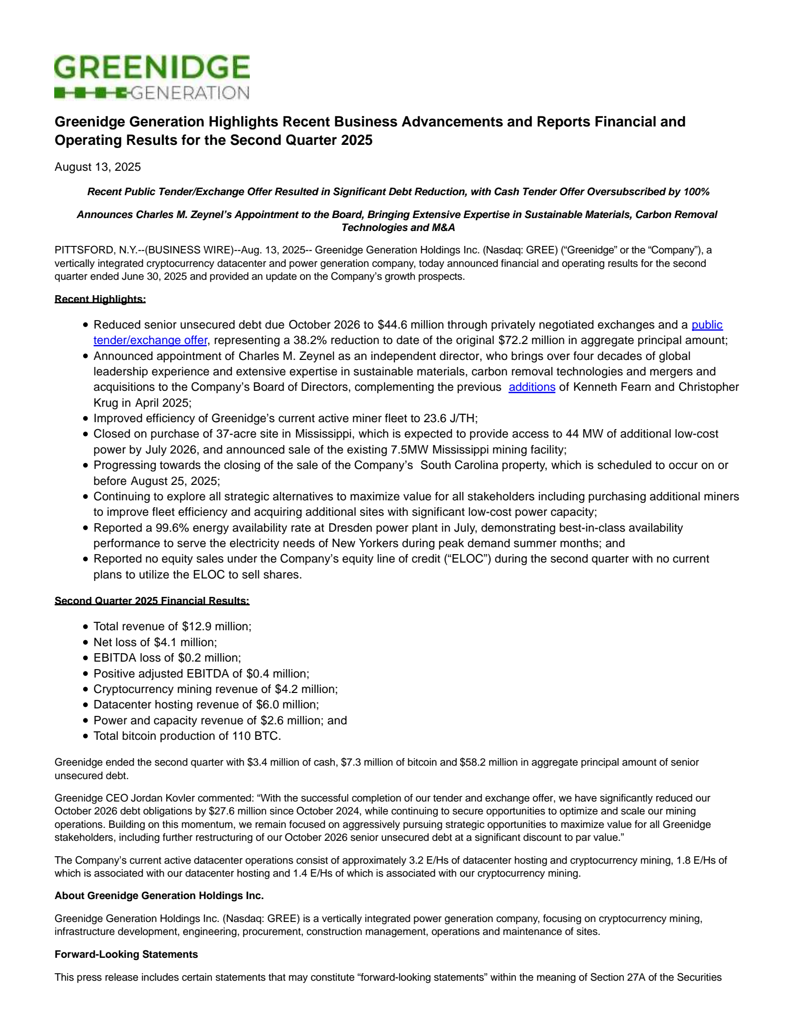 Greenidge Generation's Q2 2025 Press Release