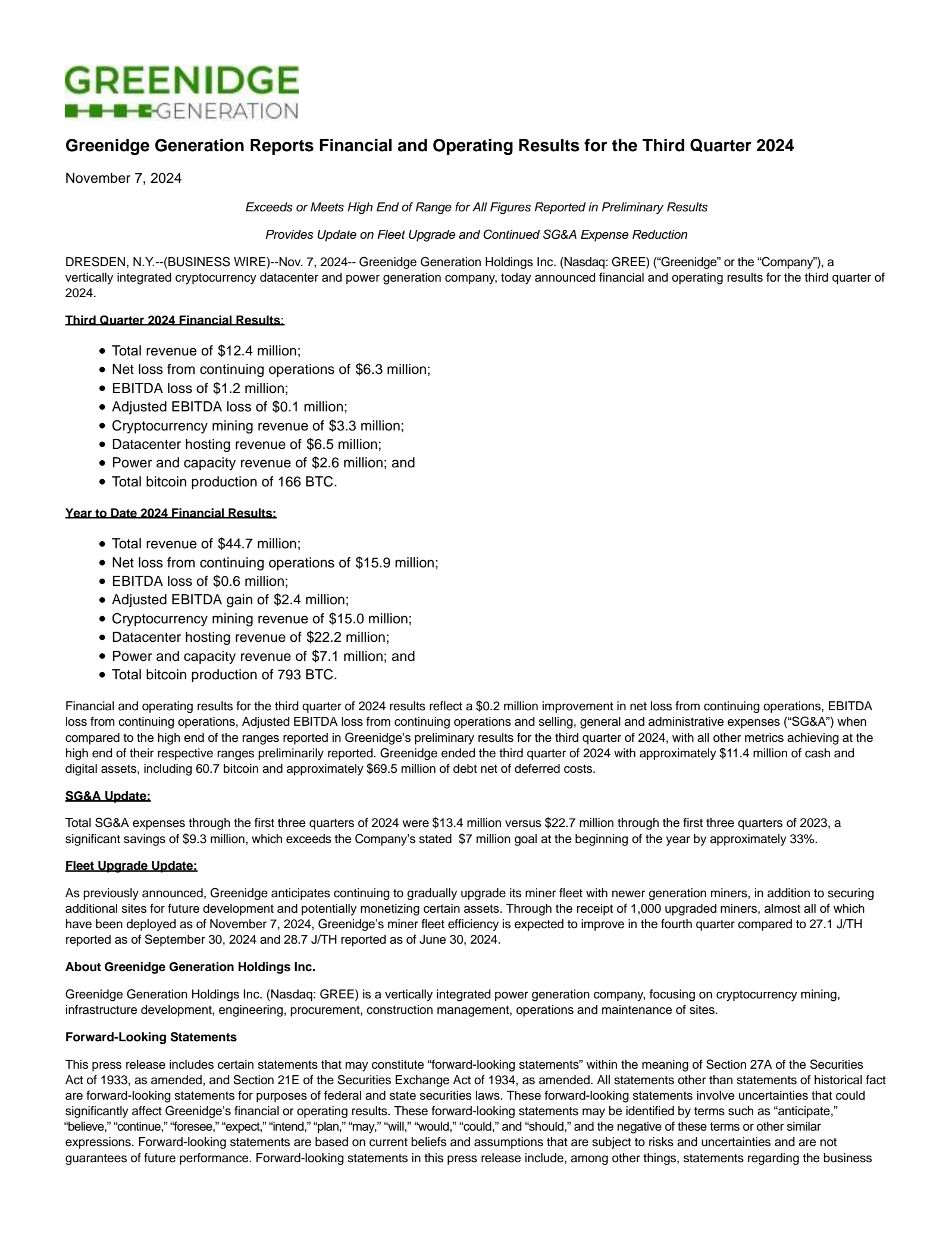 Greenidge Generation's Q3 2024 Press Release