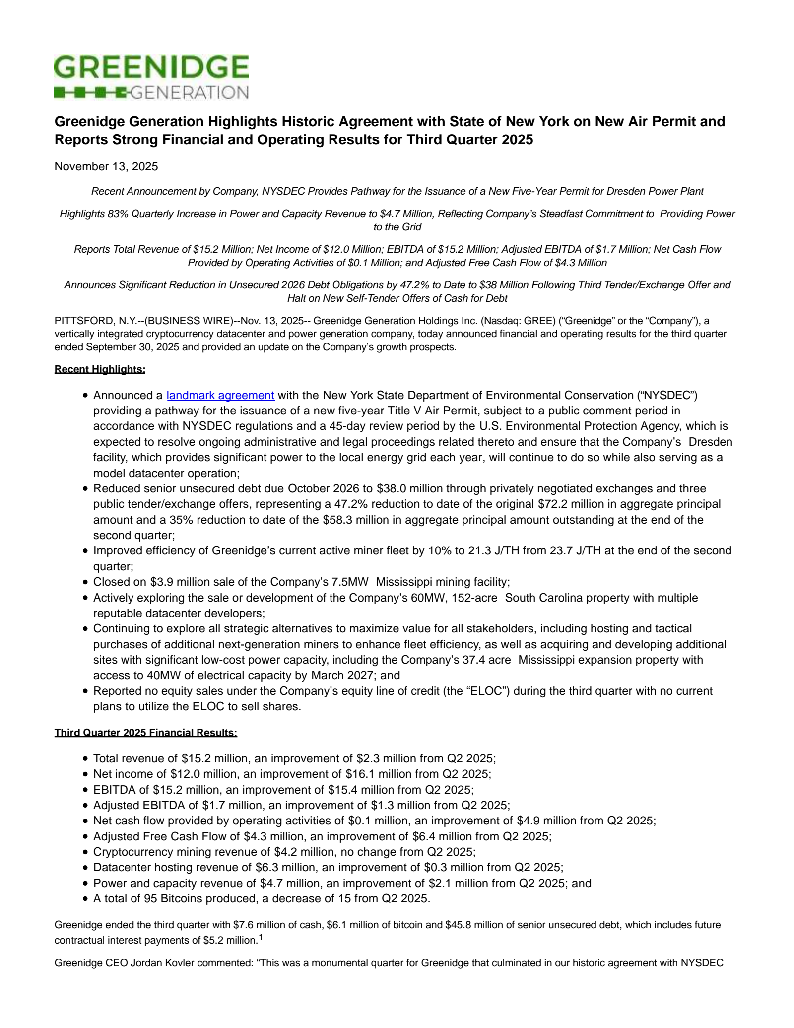Greenidge Generation's Q3 2025 Press Release