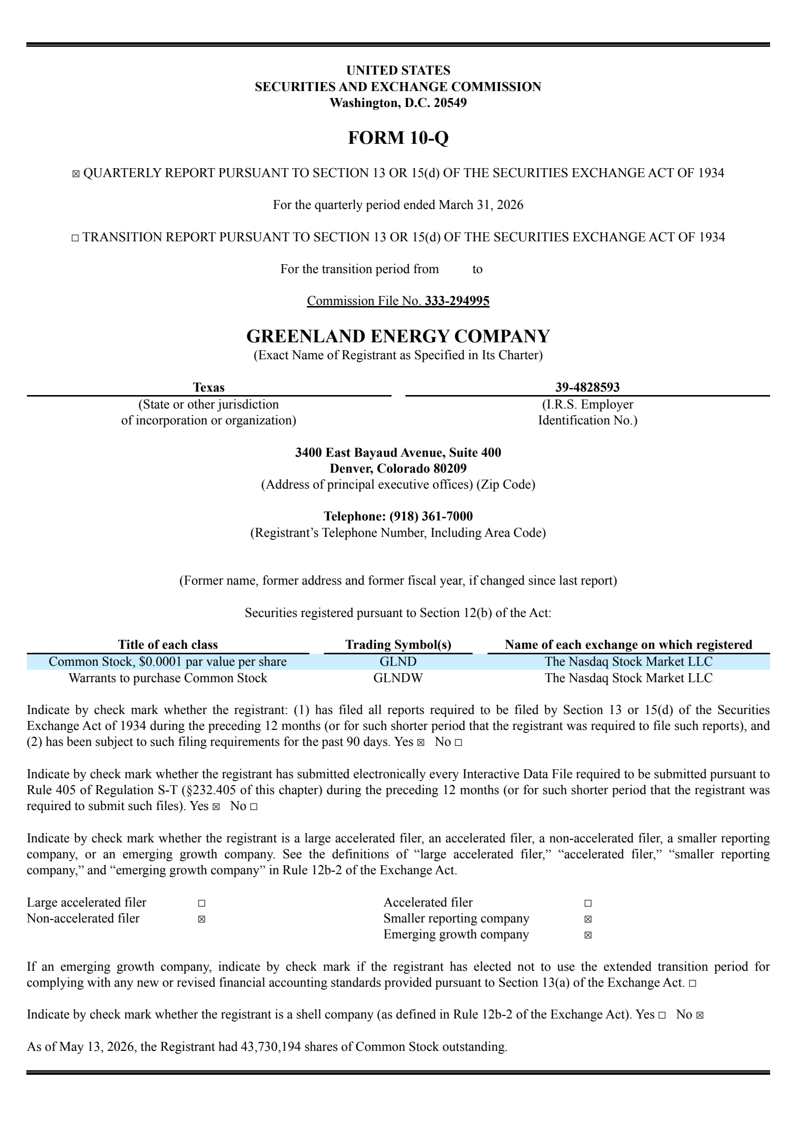 Greenland Energy's Q1 2026 Quarterly report