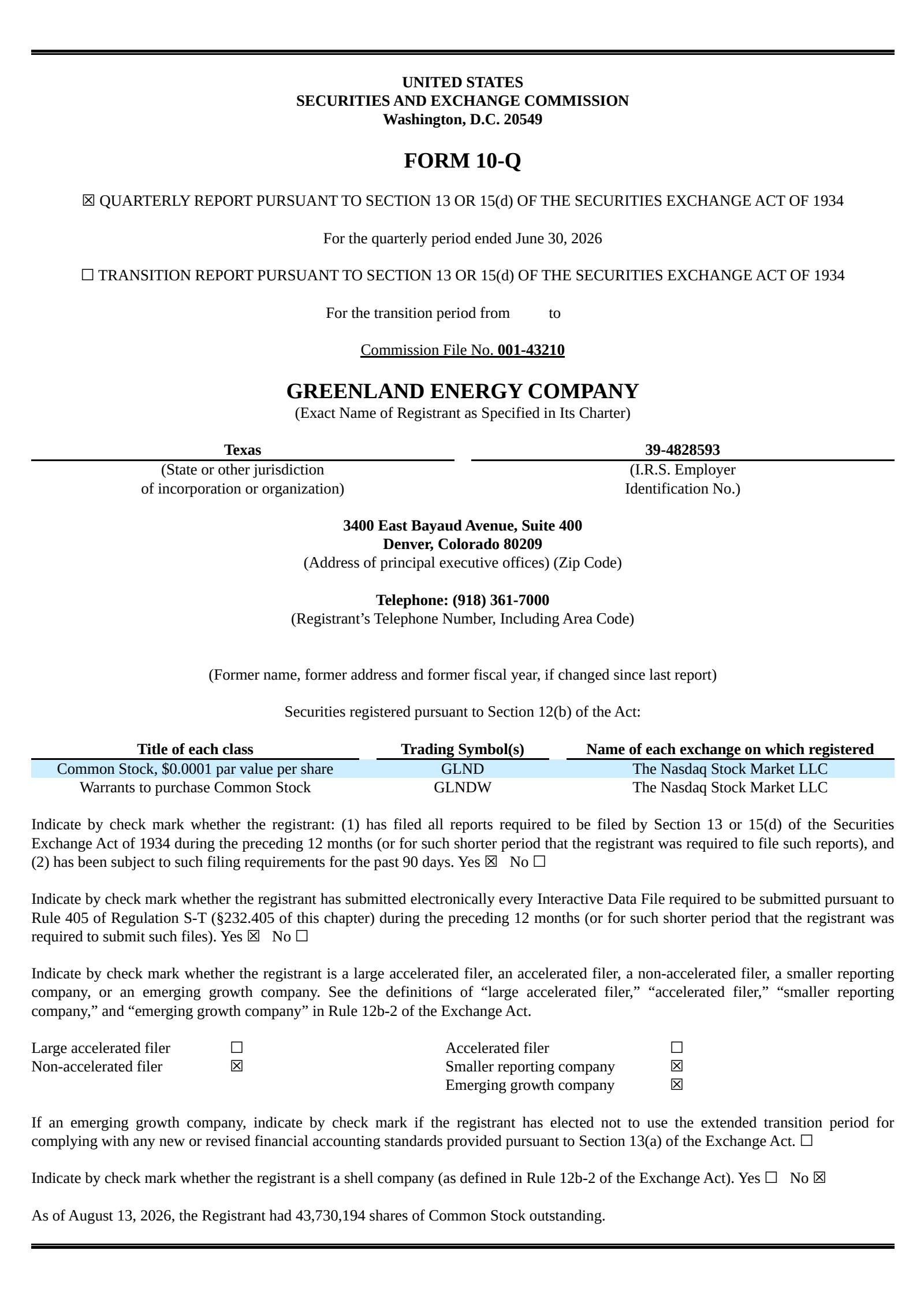 Greenland Energy's Q2 2026 Quarterly report