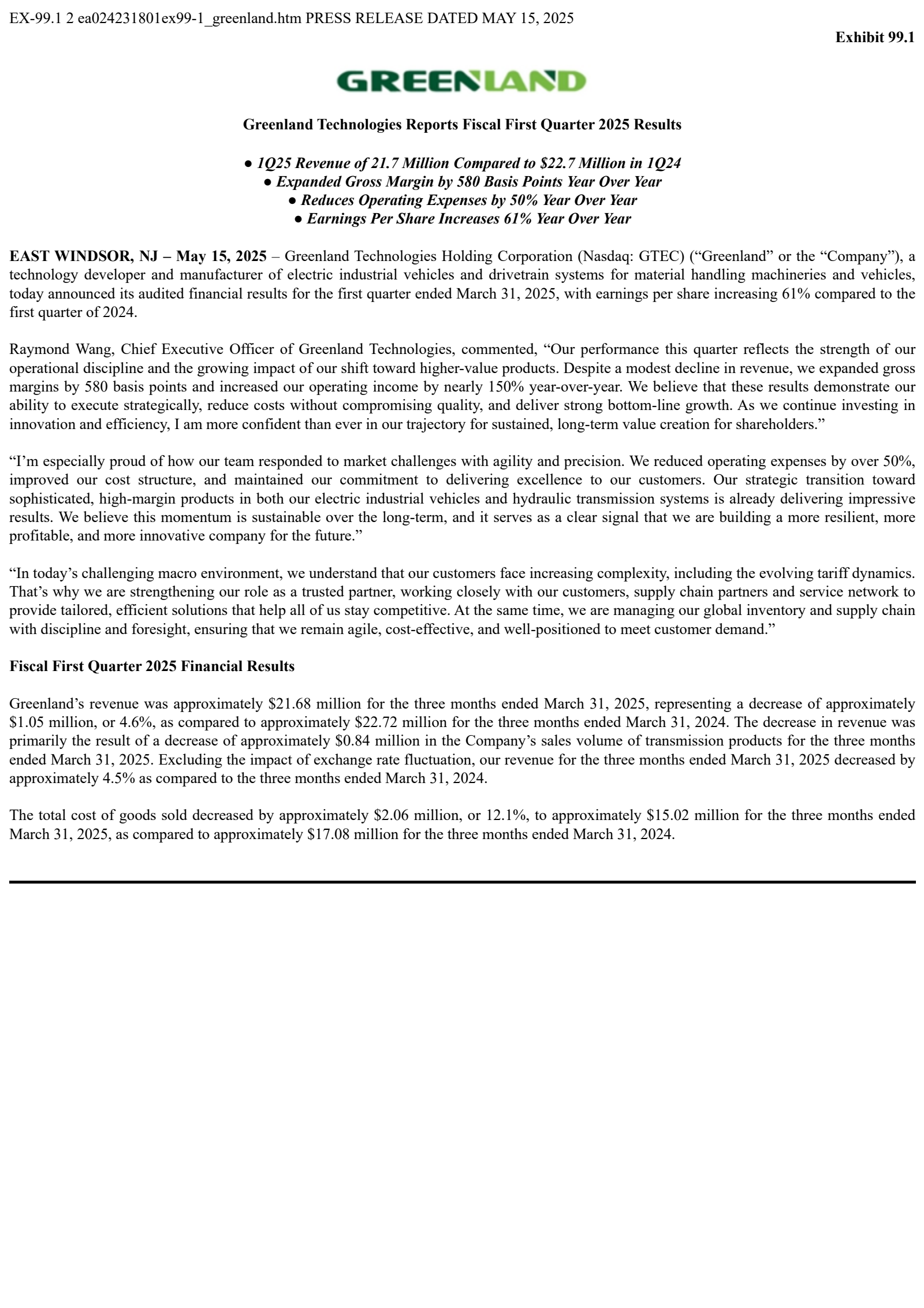 Greenland Technologies' Q1 2025 Press Release