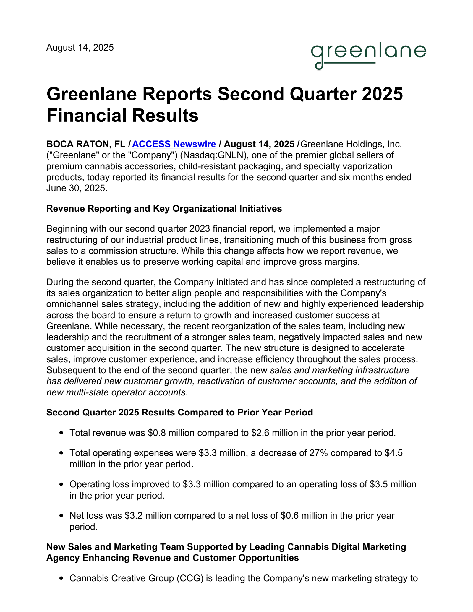 Greenlane's Q2 2025 Press Release