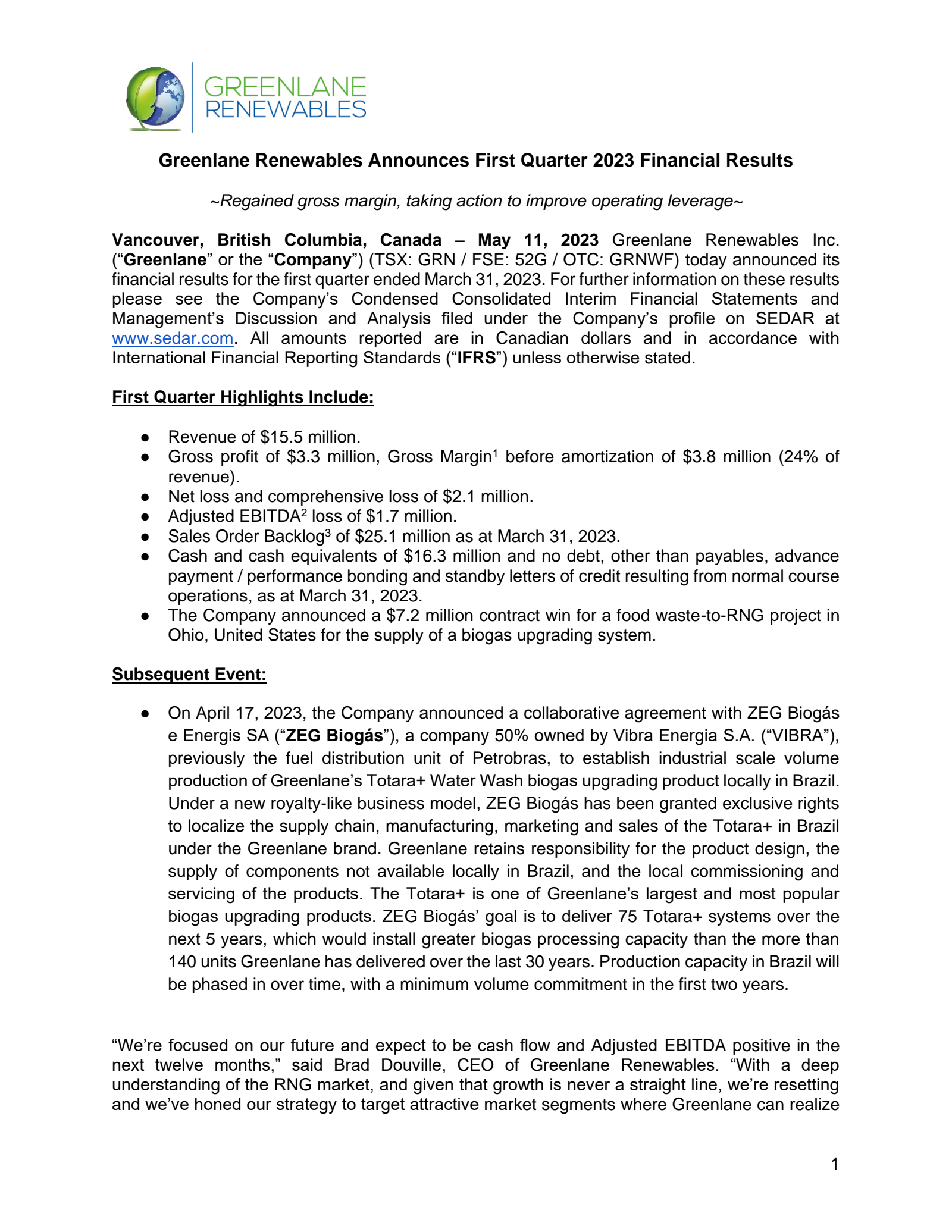Greenlane Renewables' Q1 2023 Press Release