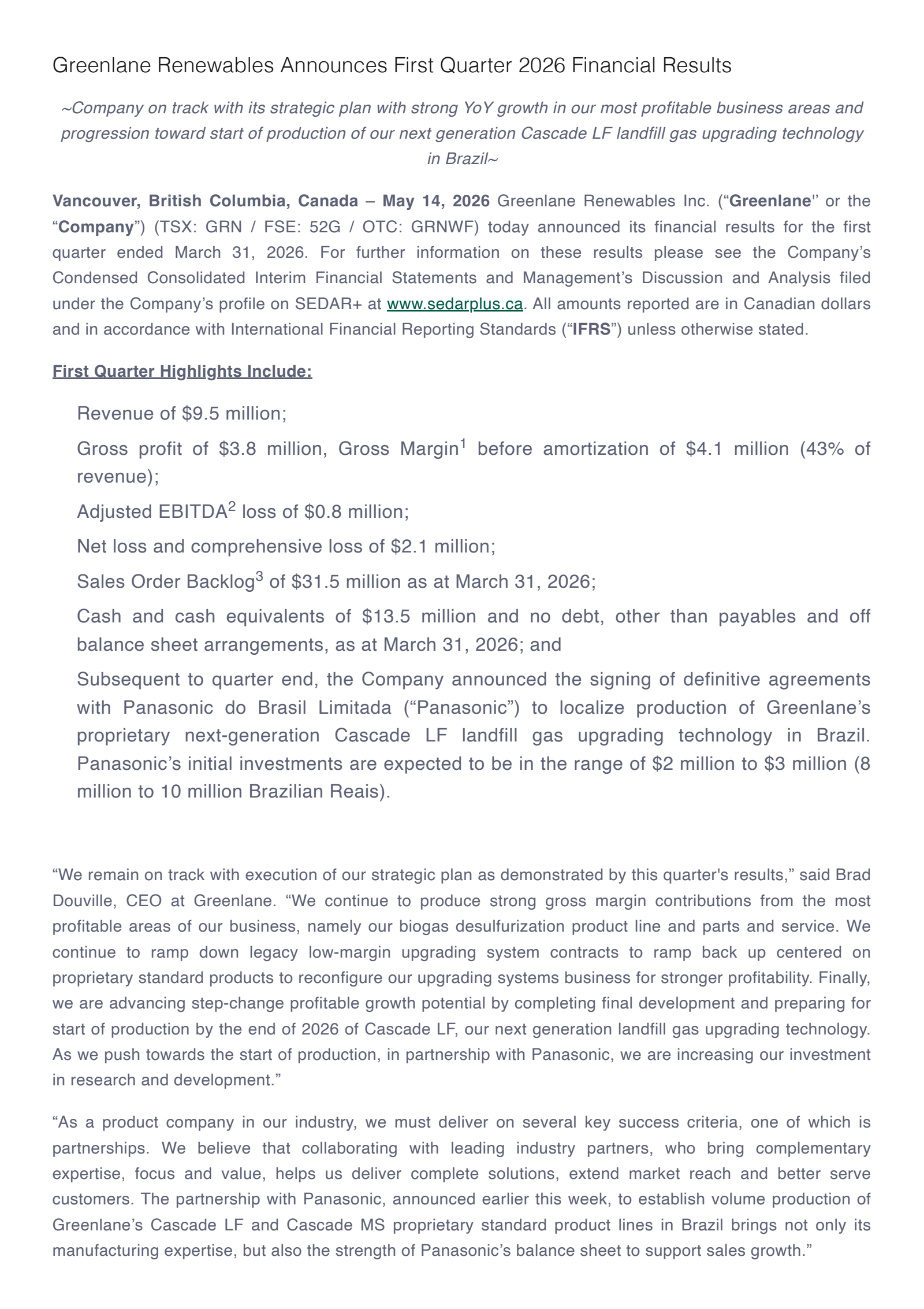 Greenlane Renewables' Q1 2026 Press Release