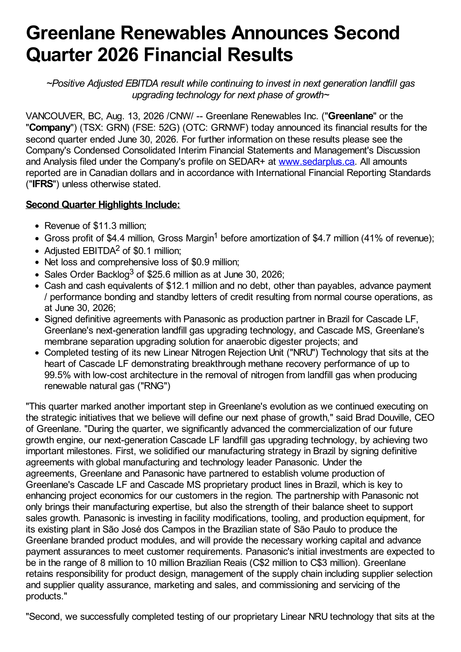 Greenlane Renewables' Q2 2026 Press Release