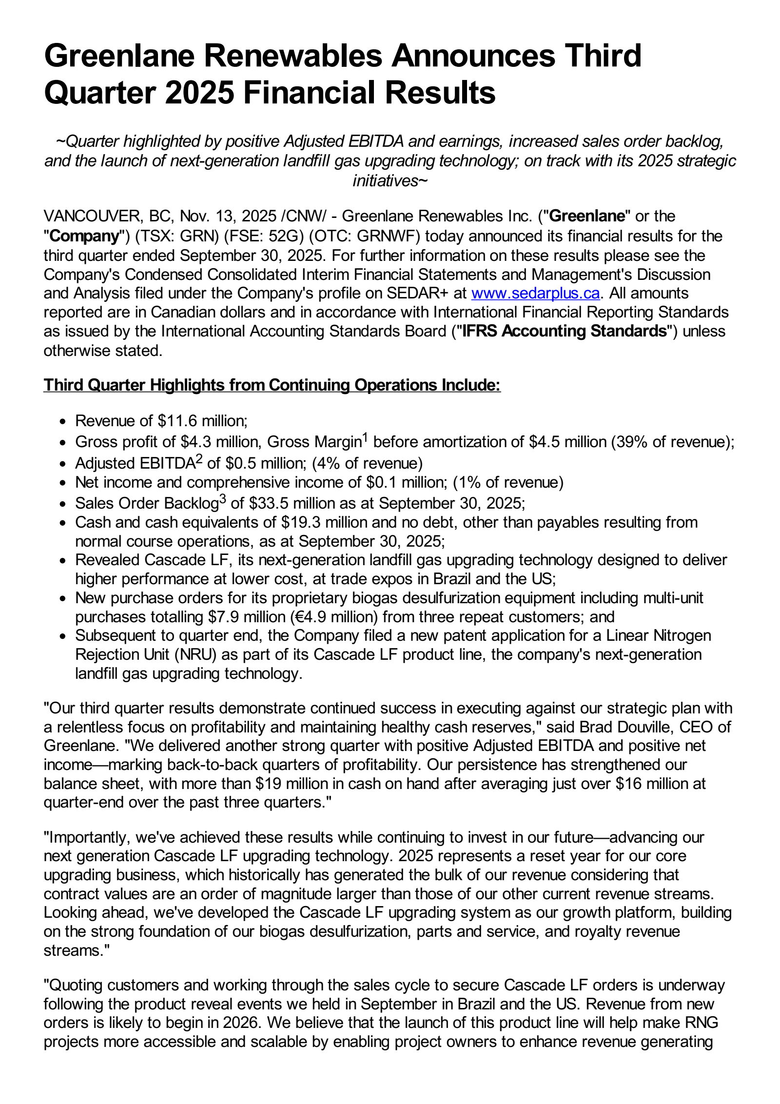 Greenlane Renewables' Q3 2025 Earnings Release