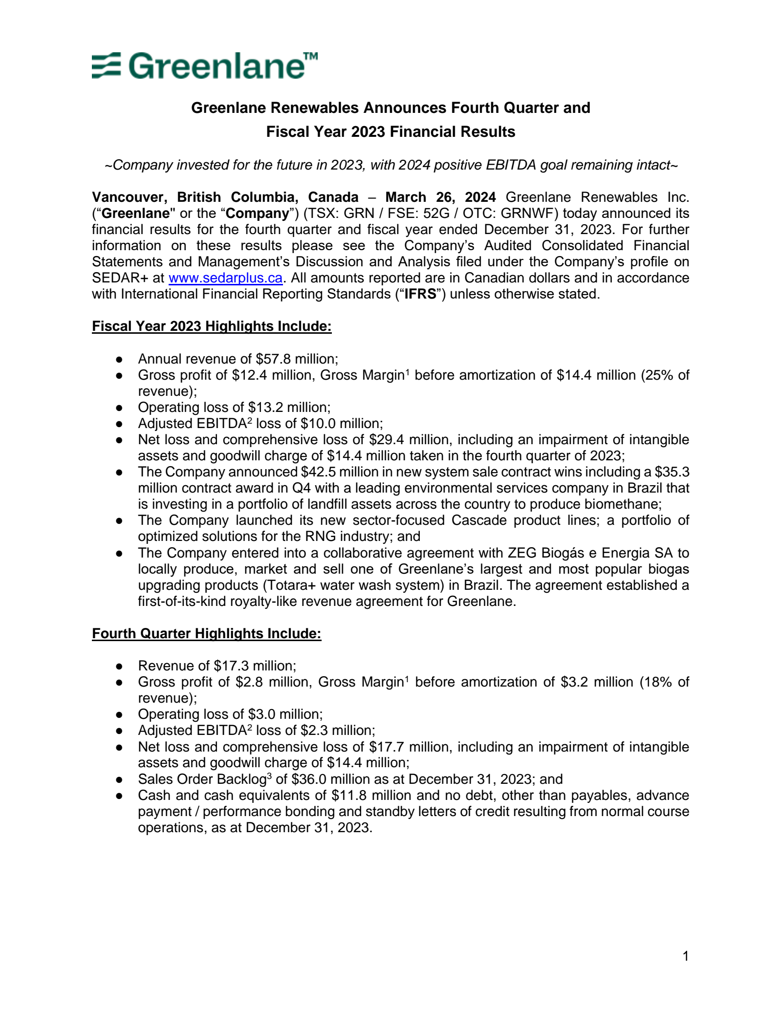 Greenlane Renewables' Q4 2023 Press Release