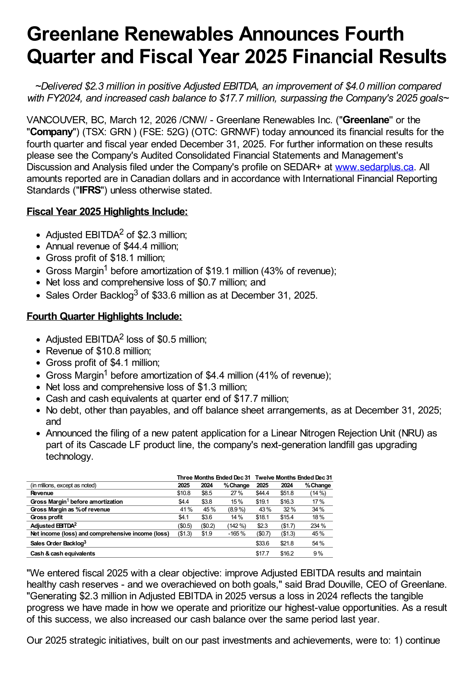 Greenlane Renewables' Q4 2025 Press Release