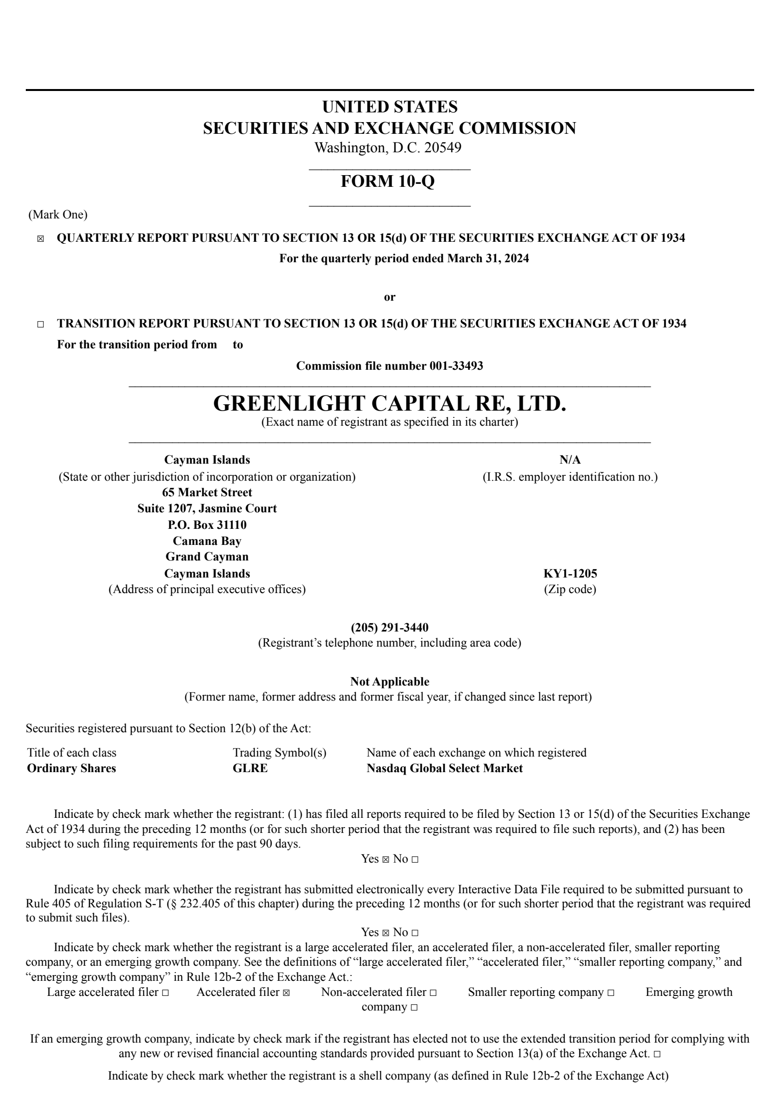 Greenlight Capital Re's Q1 2024 Quarterly report