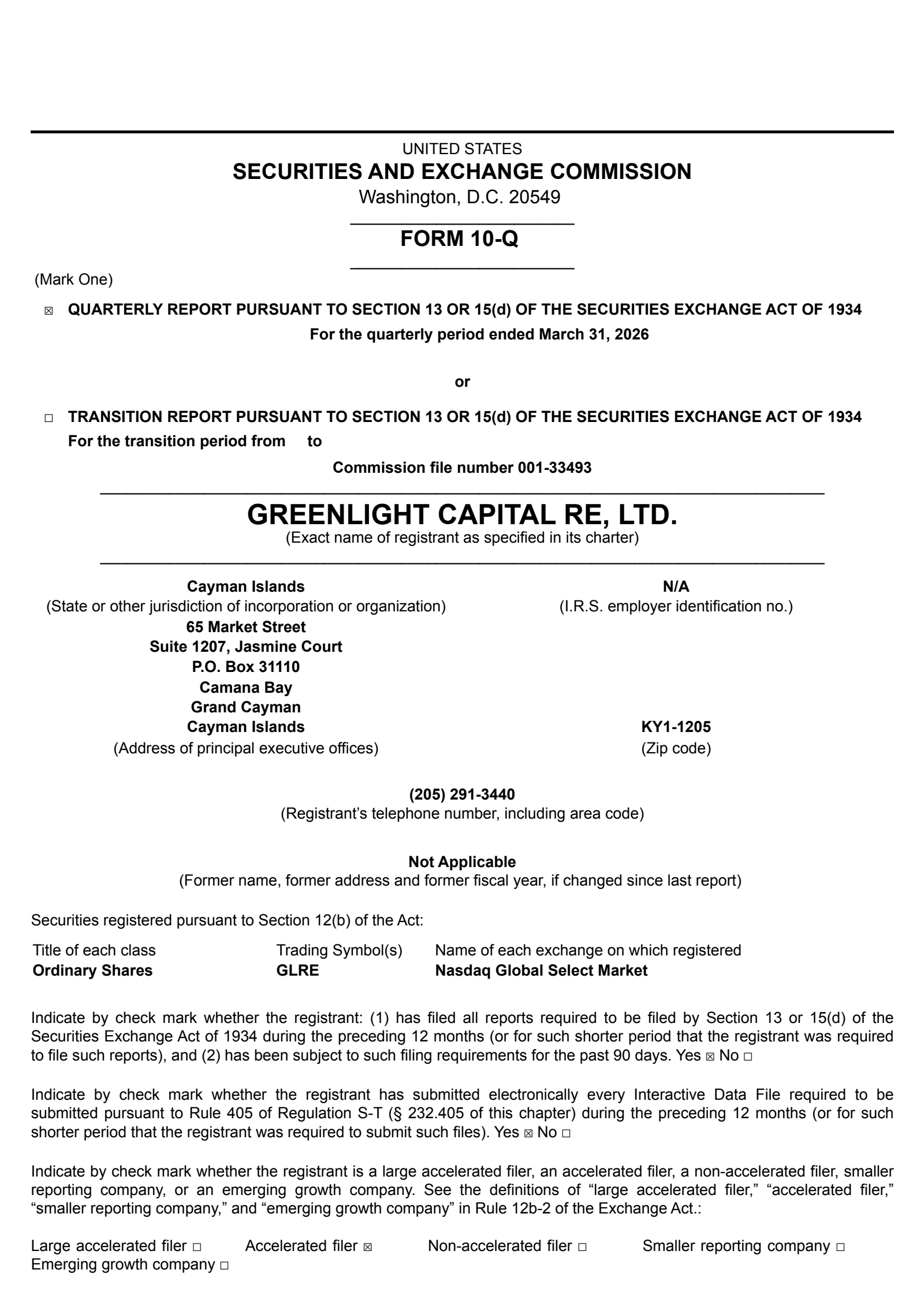Greenlight Capital Re's Q1 2026 Quarterly report
