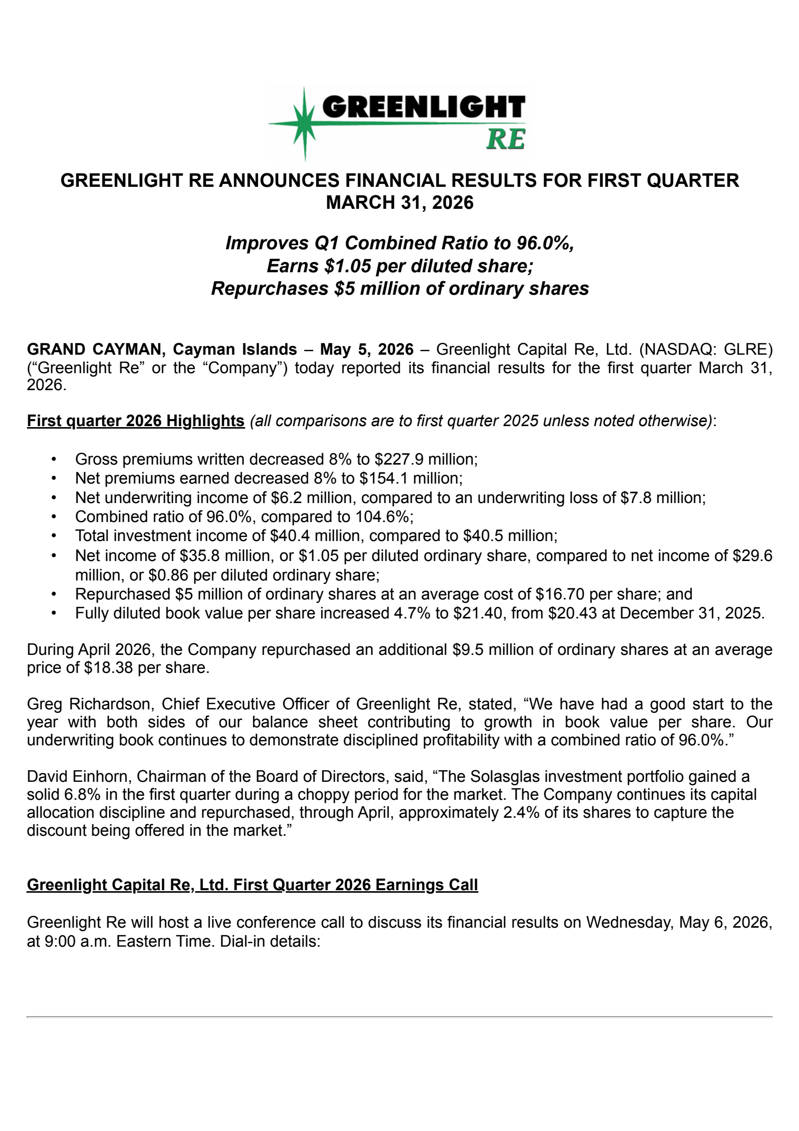 Greenlight Capital Re's Q1 2026 Press Release