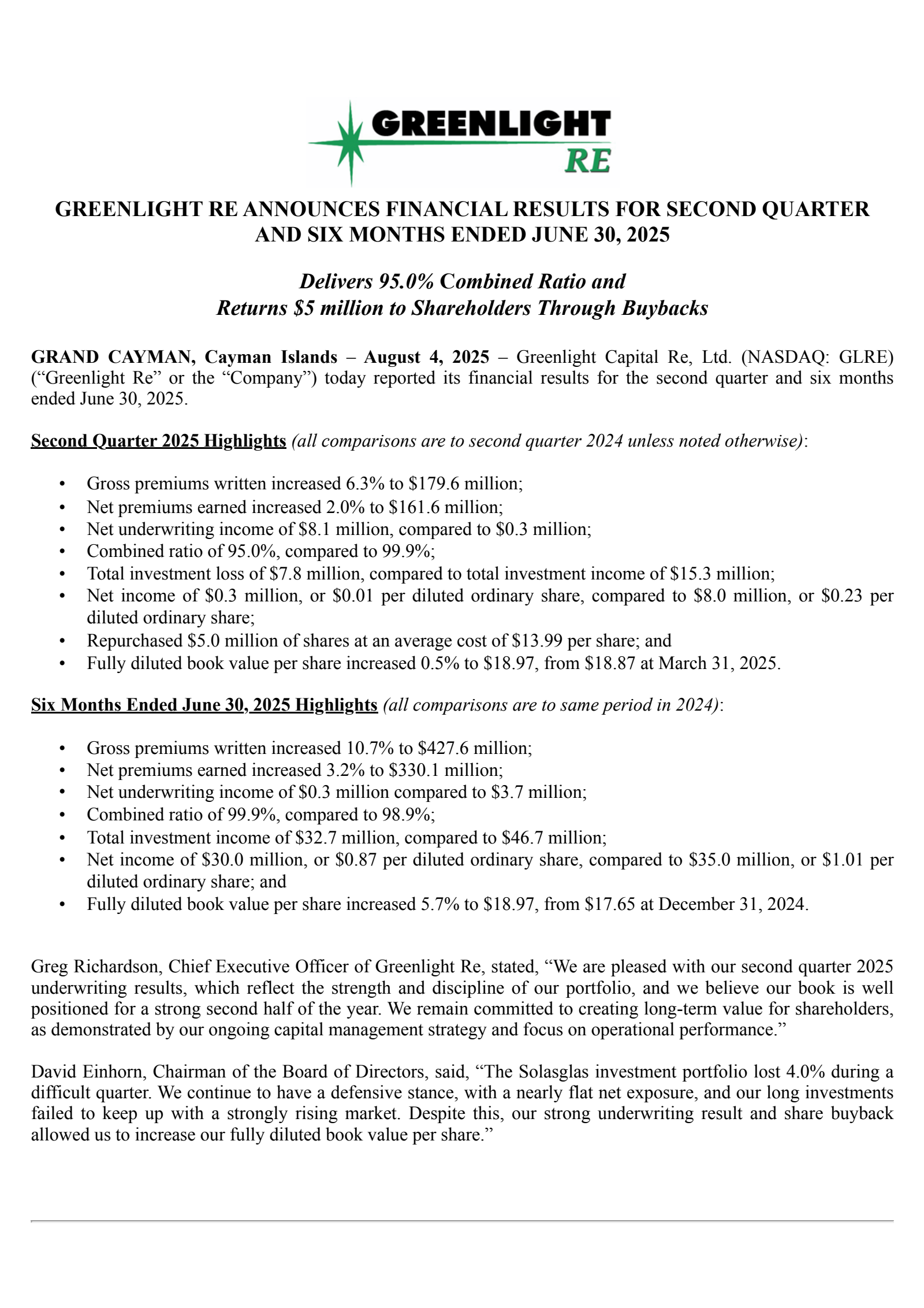 Greenlight Capital Re's Q2 2025 Press Release