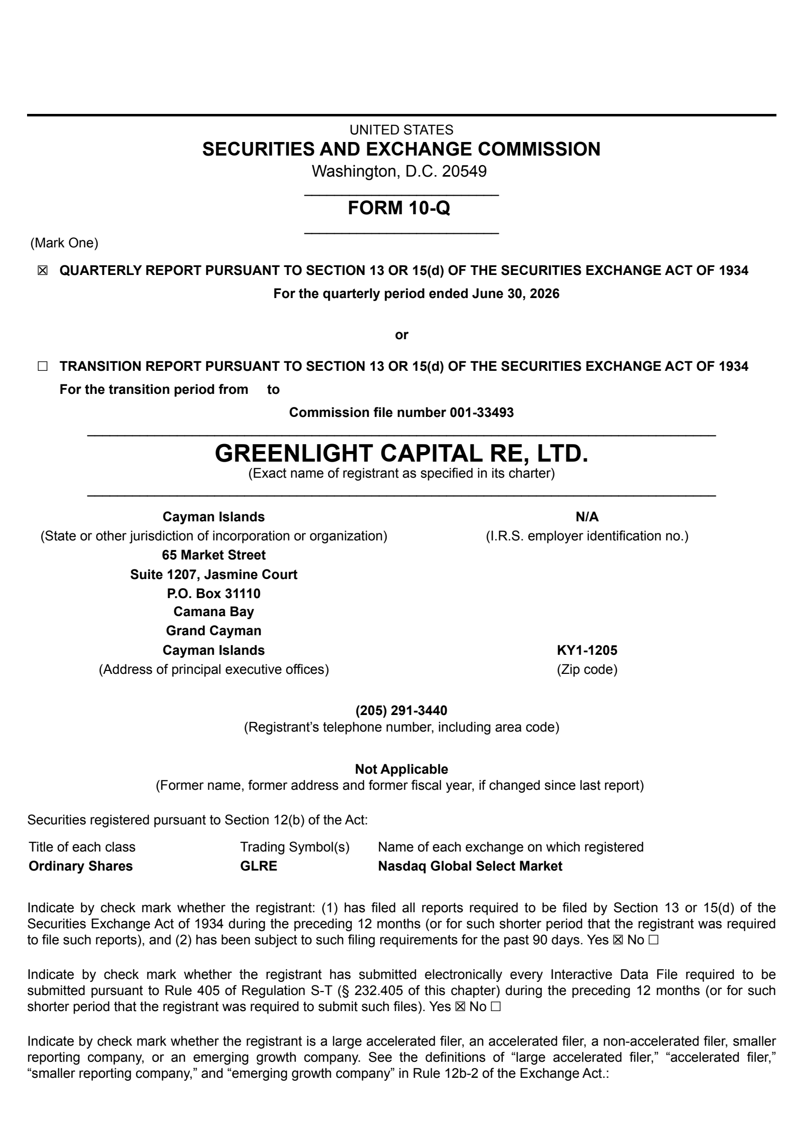 Greenlight Capital Re's Q2 2026 Quarterly report