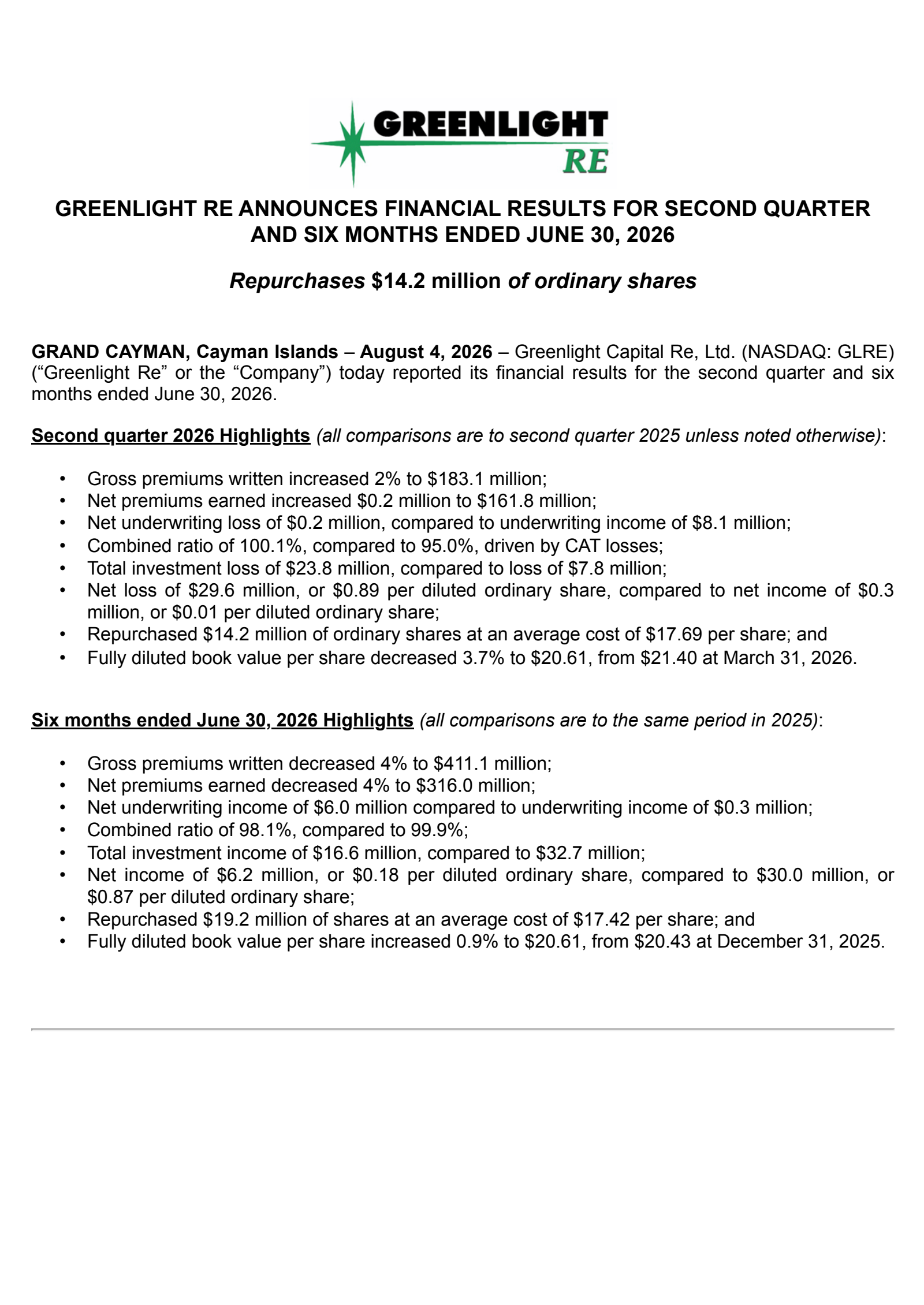Greenlight Capital Re's Q2 2026 Press Release