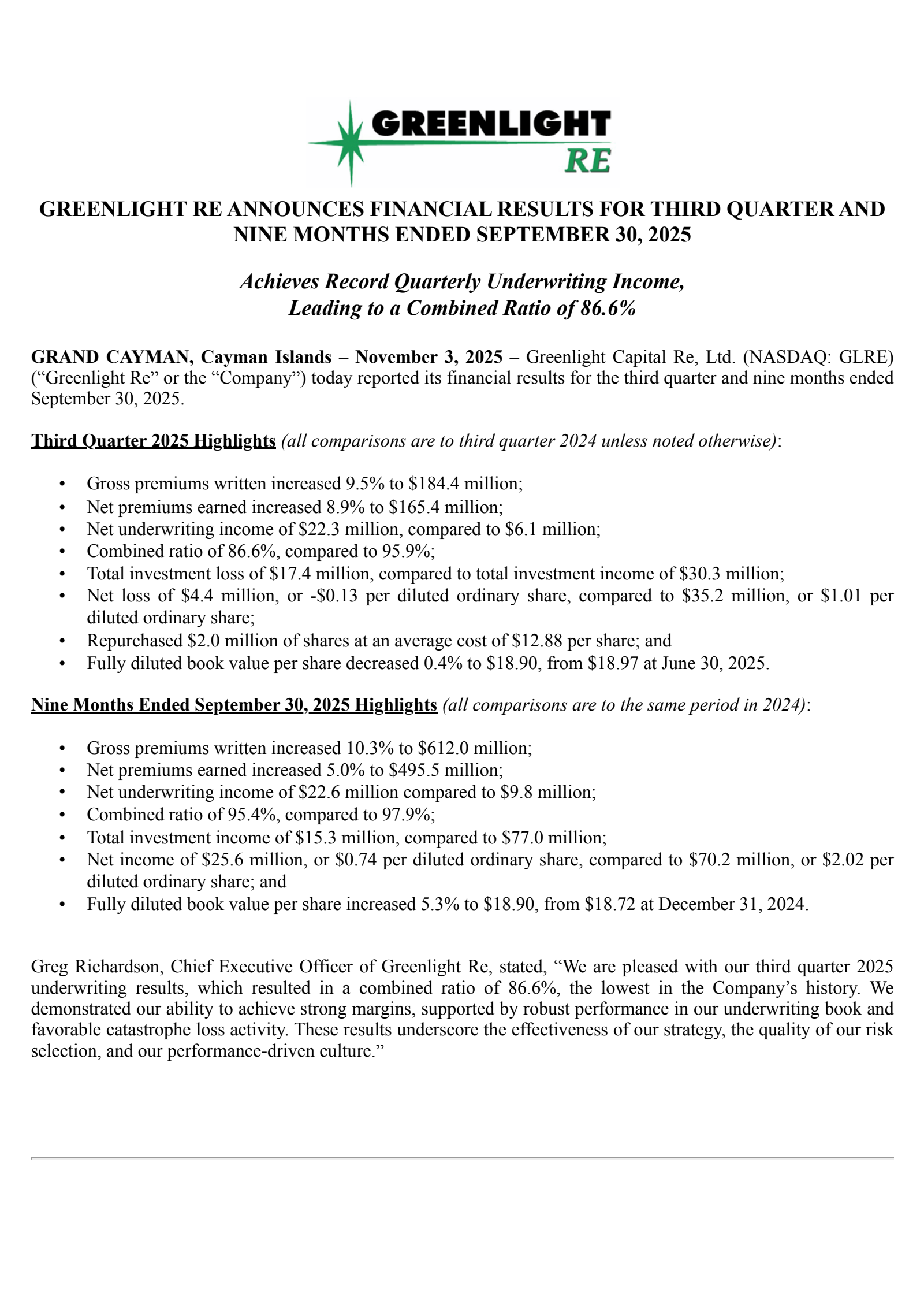 Greenlight Capital Re's Q3 2025 Earnings Release
