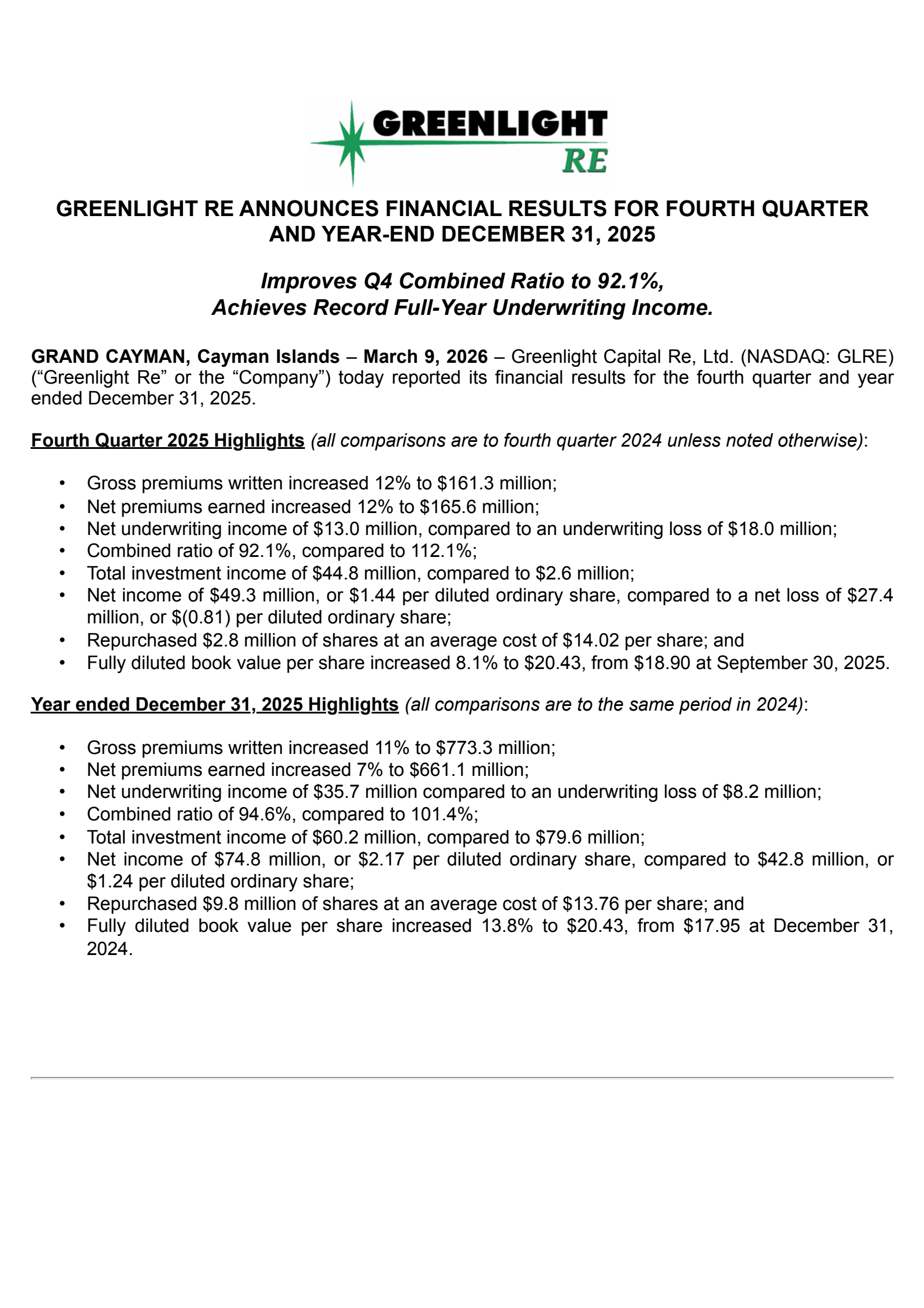 Greenlight Capital Re's Q4 2025 Press Release
