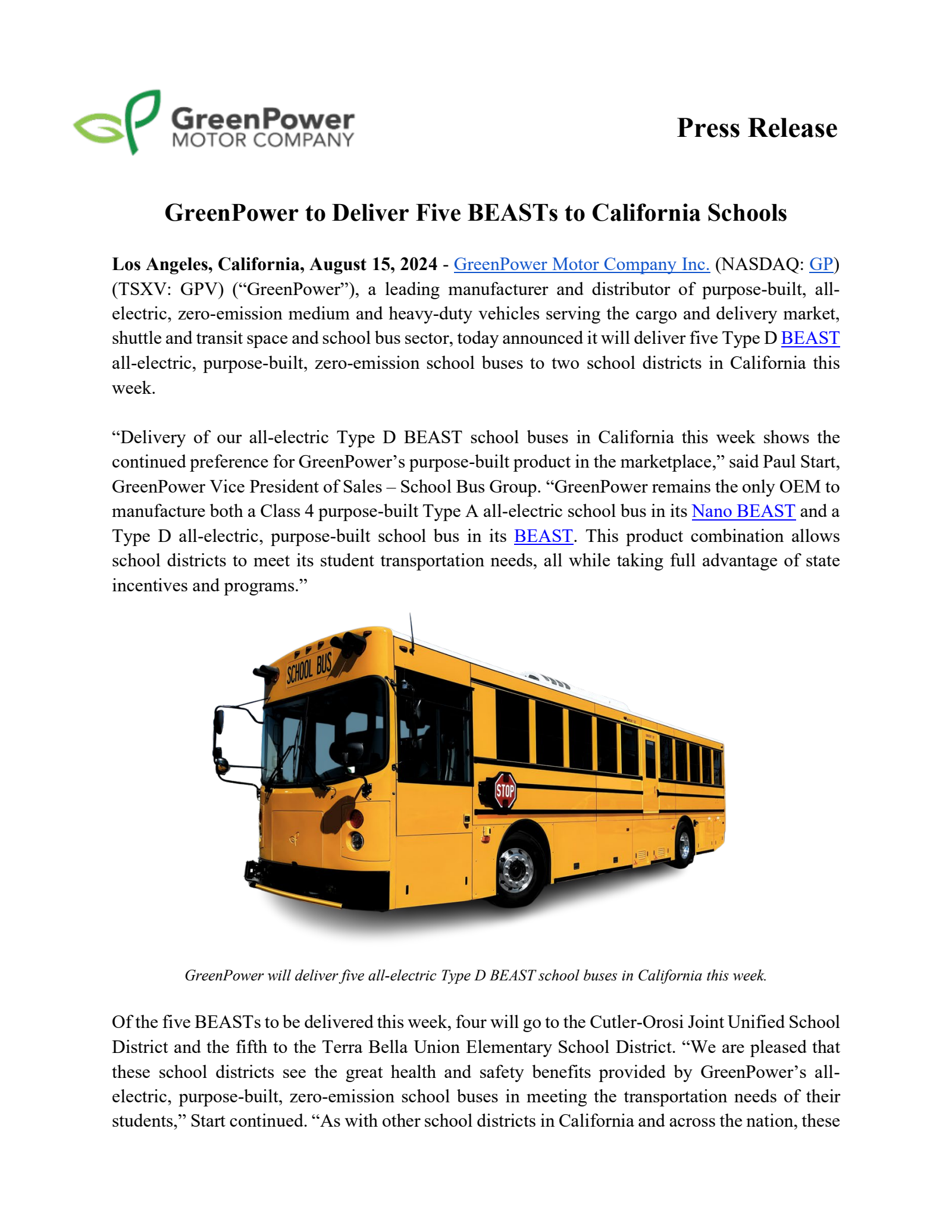 GreenPower Motor's Q1 2025 Press Release