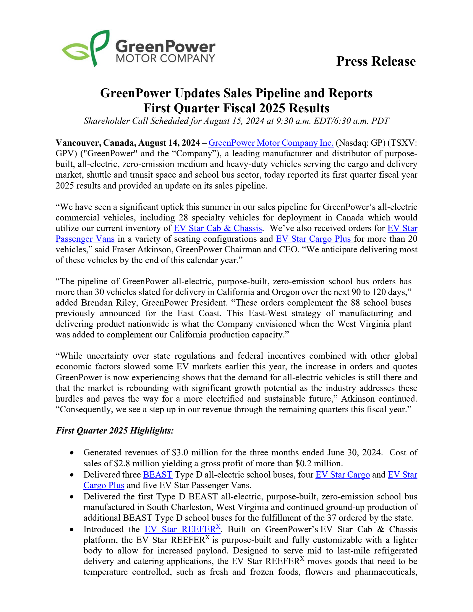 GreenPower Motor's Q1 2025 Press Release