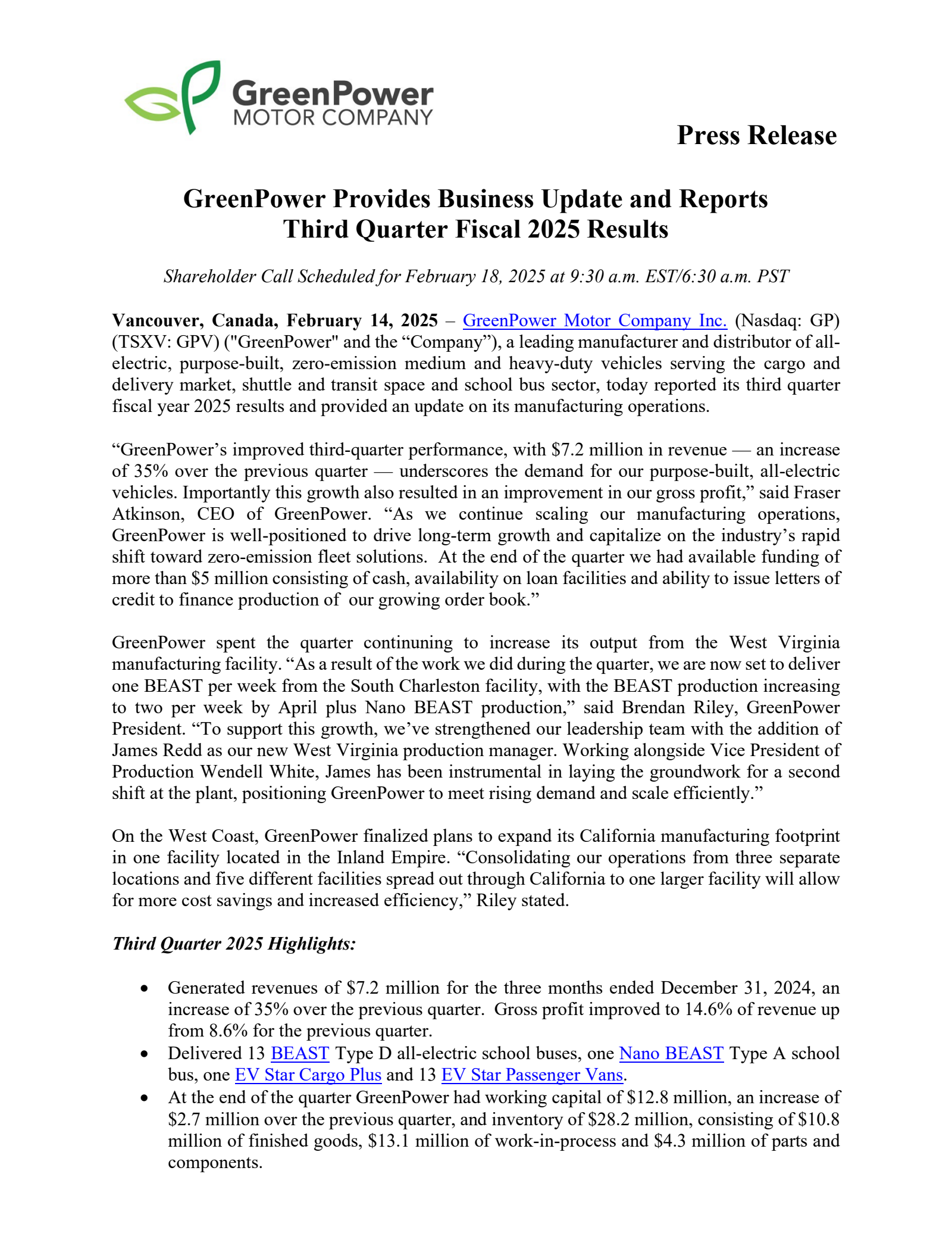 GreenPower Motor's Q3 2025 Press Release
