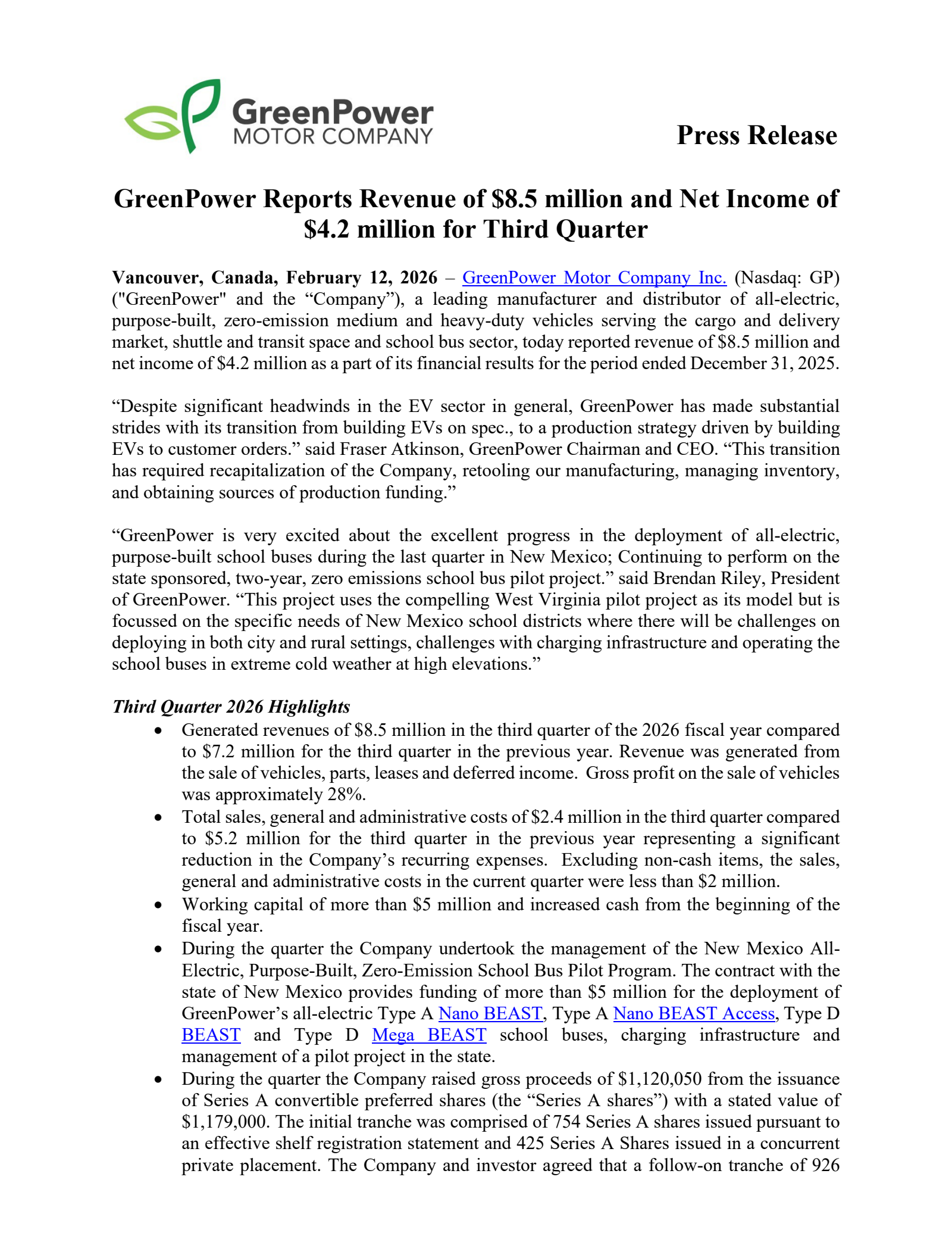 GreenPower Motor's Q3 2026 Press Release