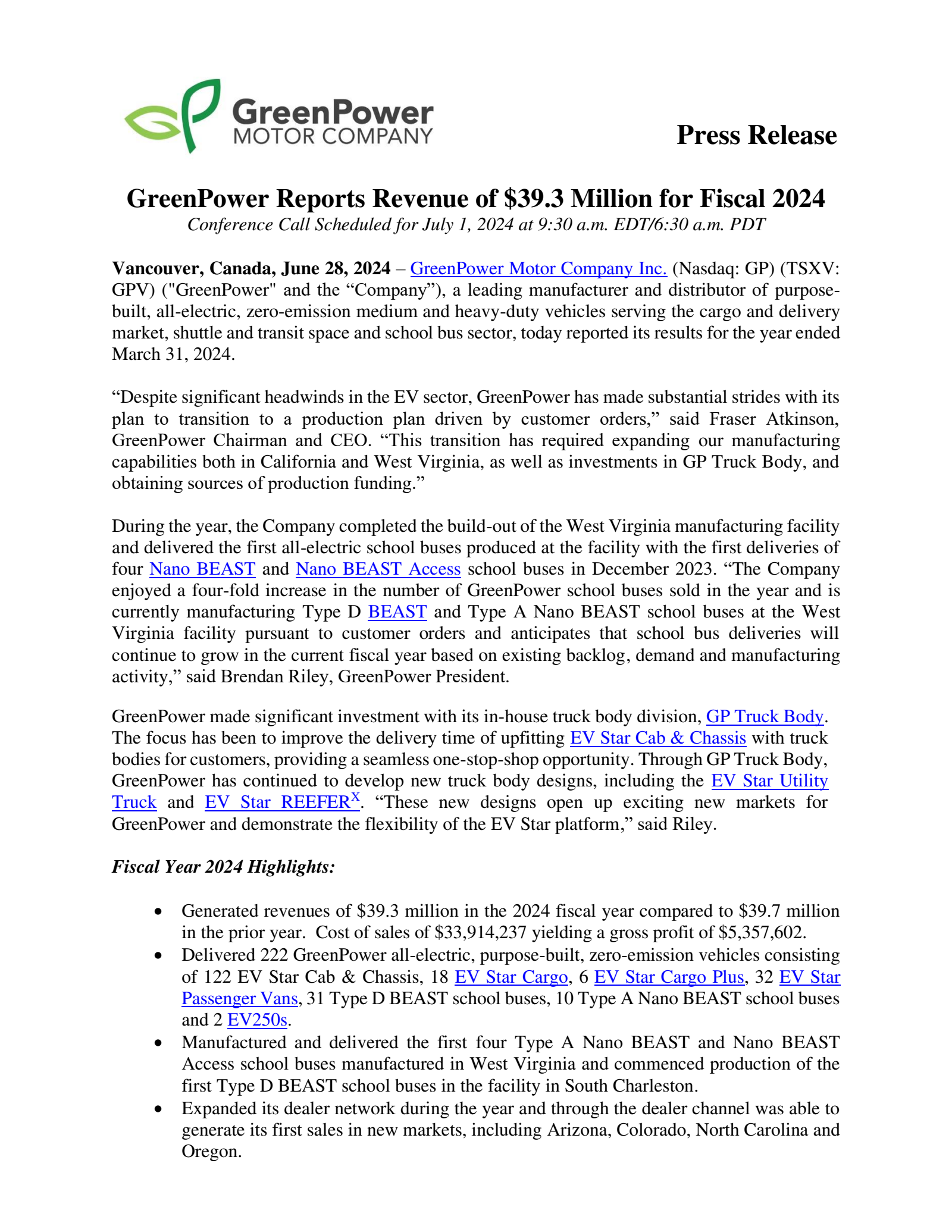 GreenPower Motor's Q4 2024 Press Release