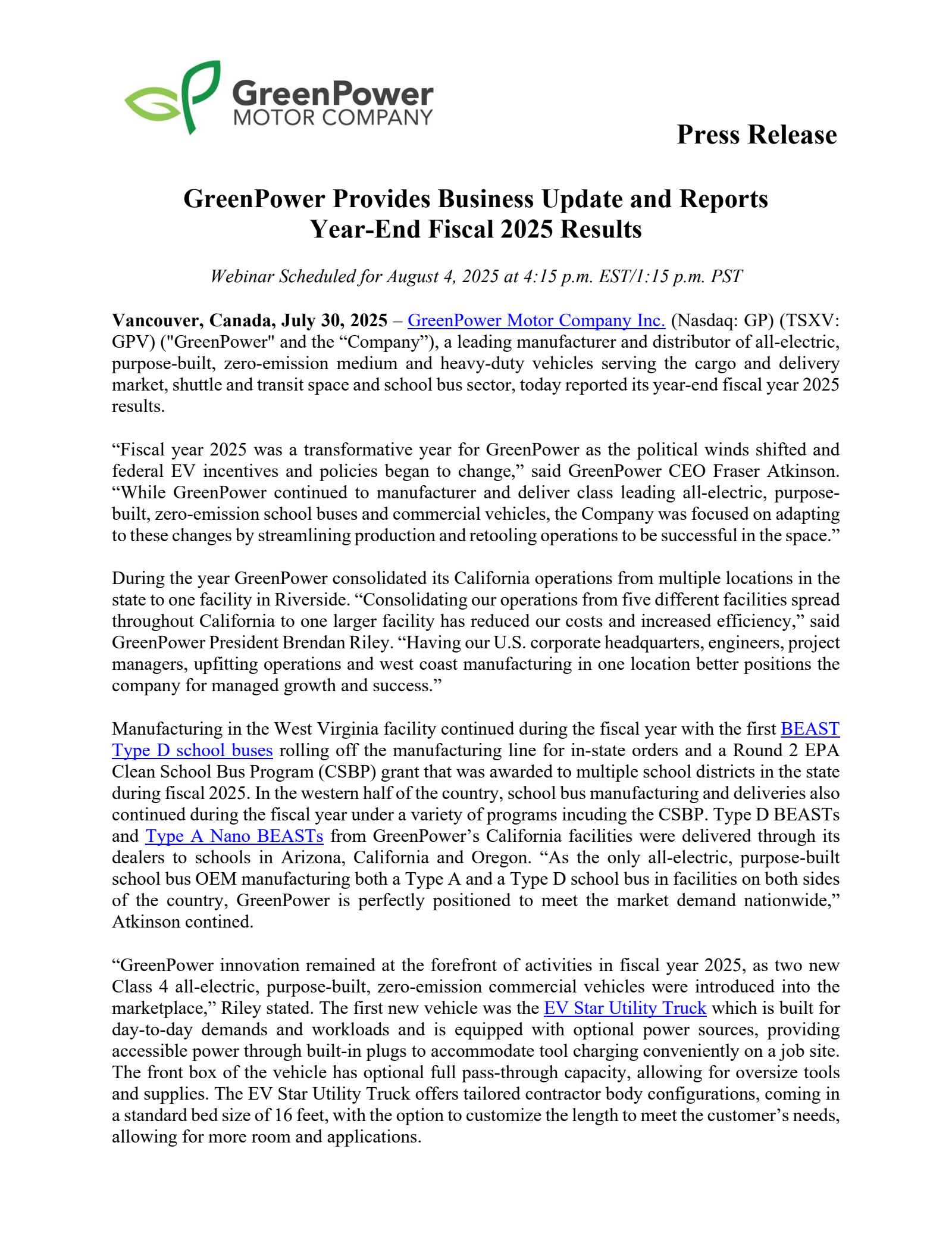 GreenPower Motor's Q4 2025 Press Release