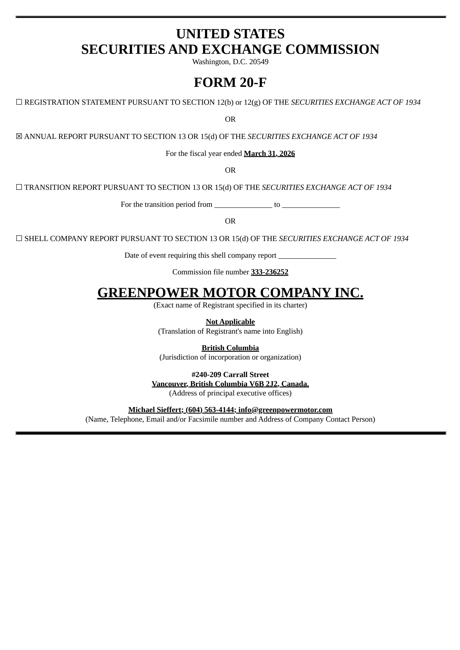 GreenPower Motor's Q4 2026 Annual report
