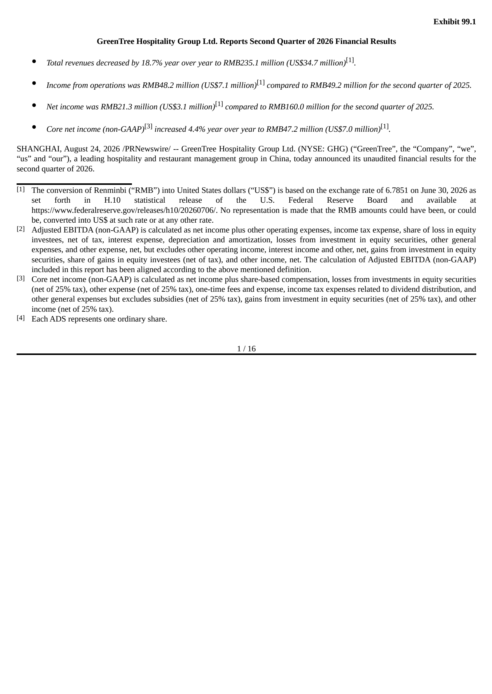 GreenTree Hospitality Group's Q2 2026 Press Release