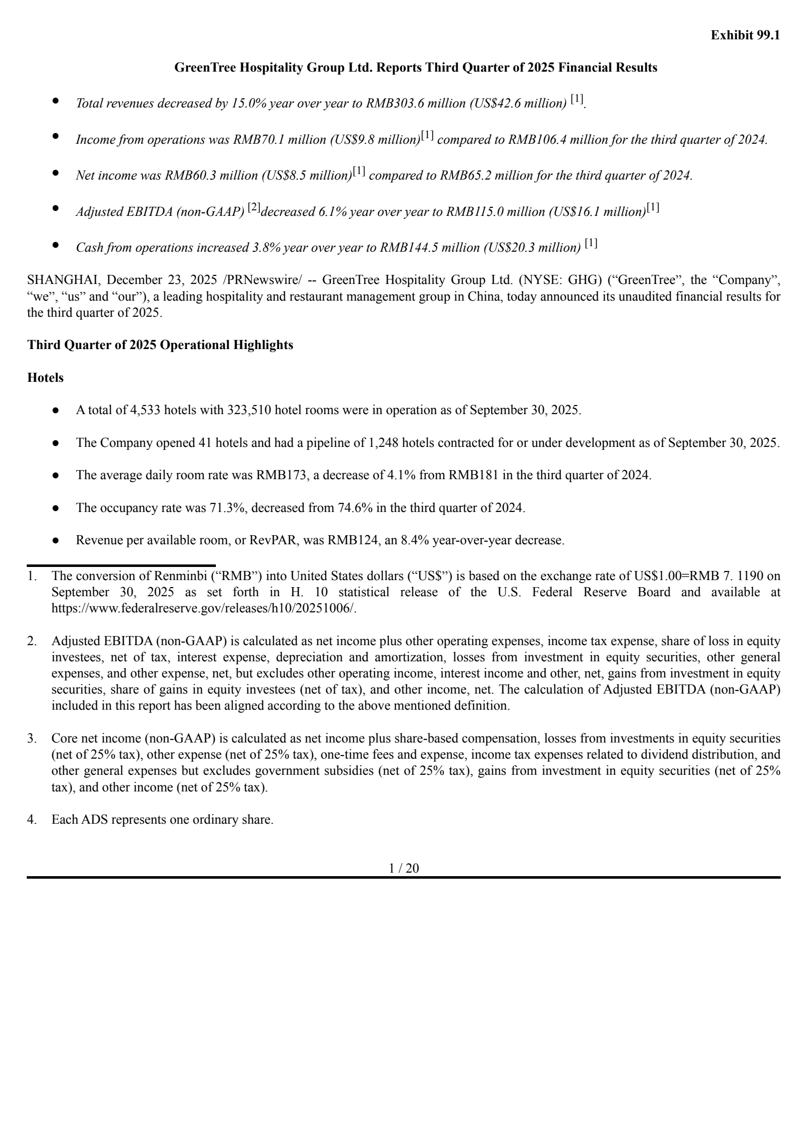 GreenTree Hospitality Group's Q3 2025 Earnings Release