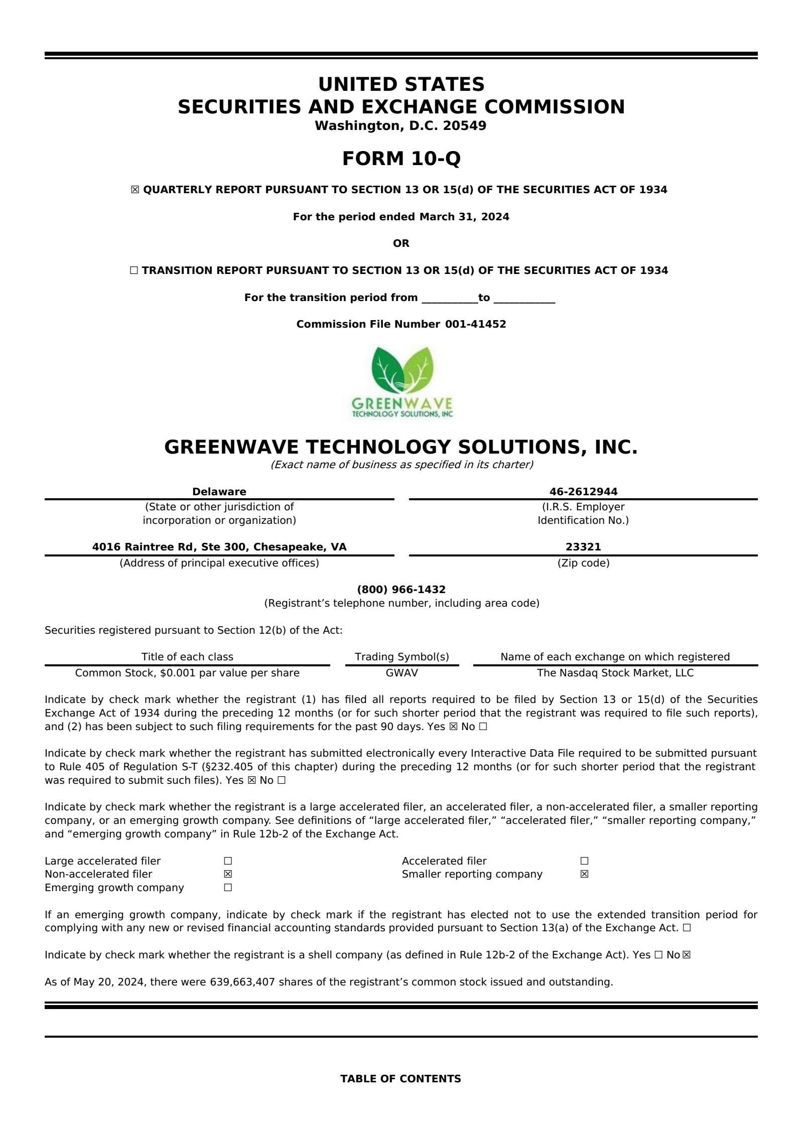 Greenwave Technology Solutions' Q1 2024 Quarterly Report