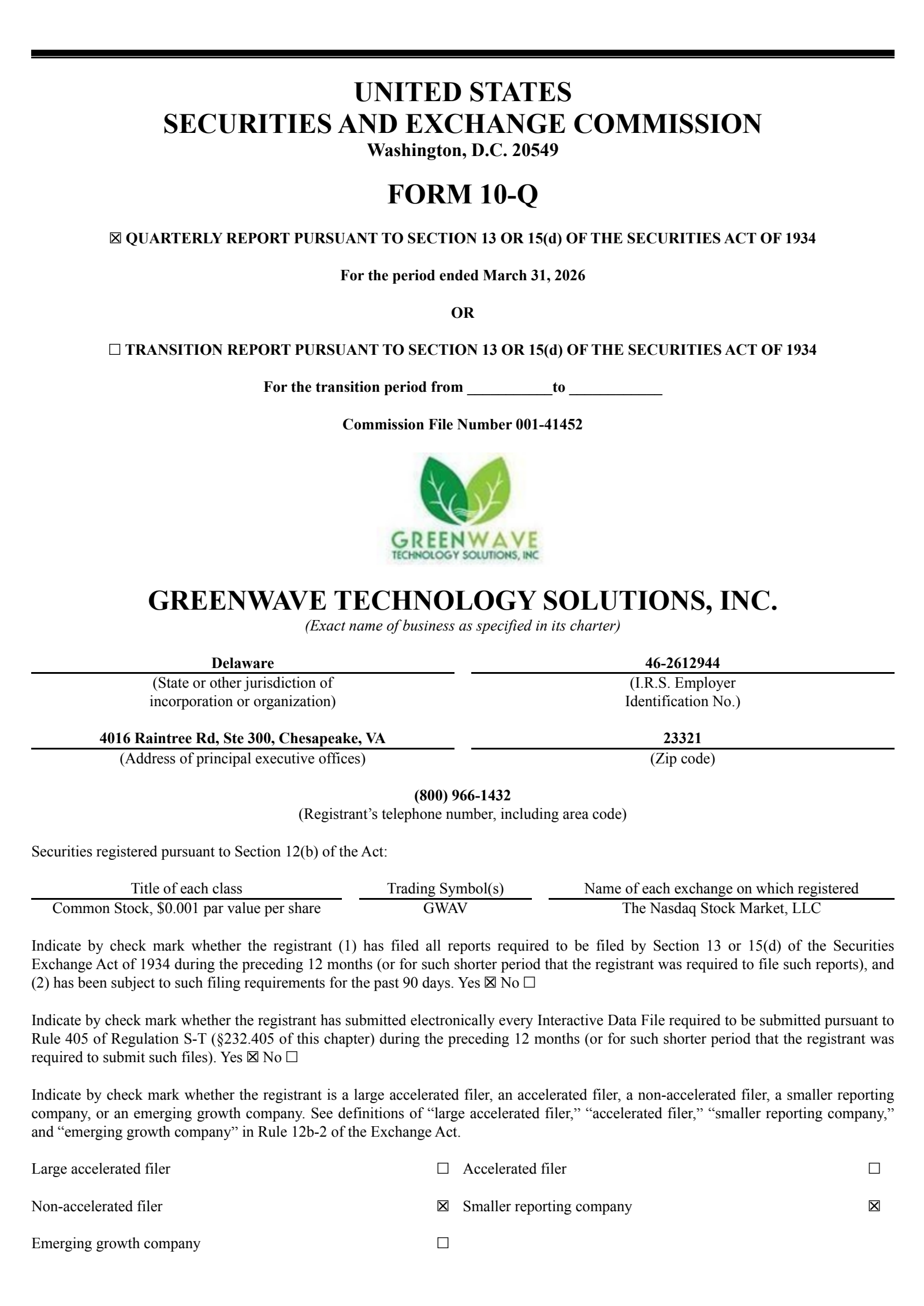 Greenwave Technology Solutions' Q1 2026 Quarterly report