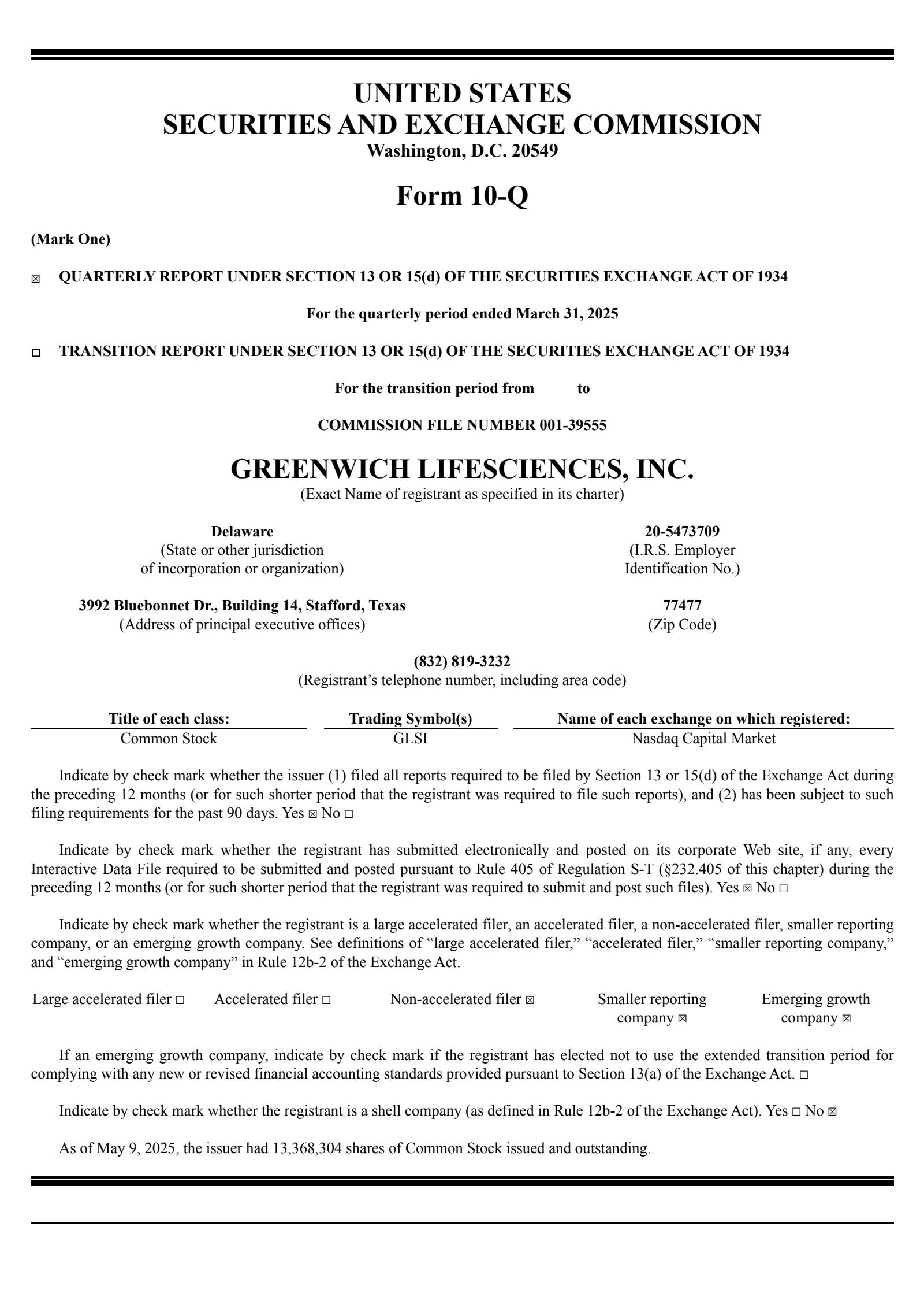 Greenwich LifeSciences' Q1 2025 Quarterly report