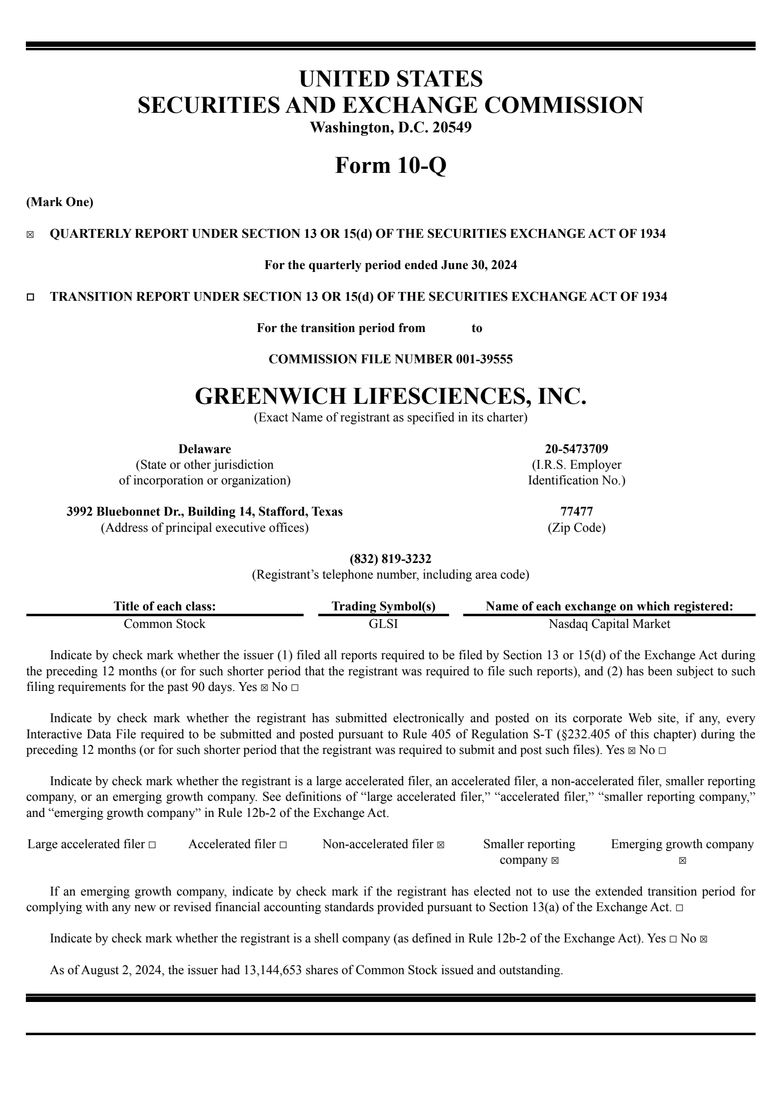 Greenwich LifeSciences' Q2 2024 Quarterly report