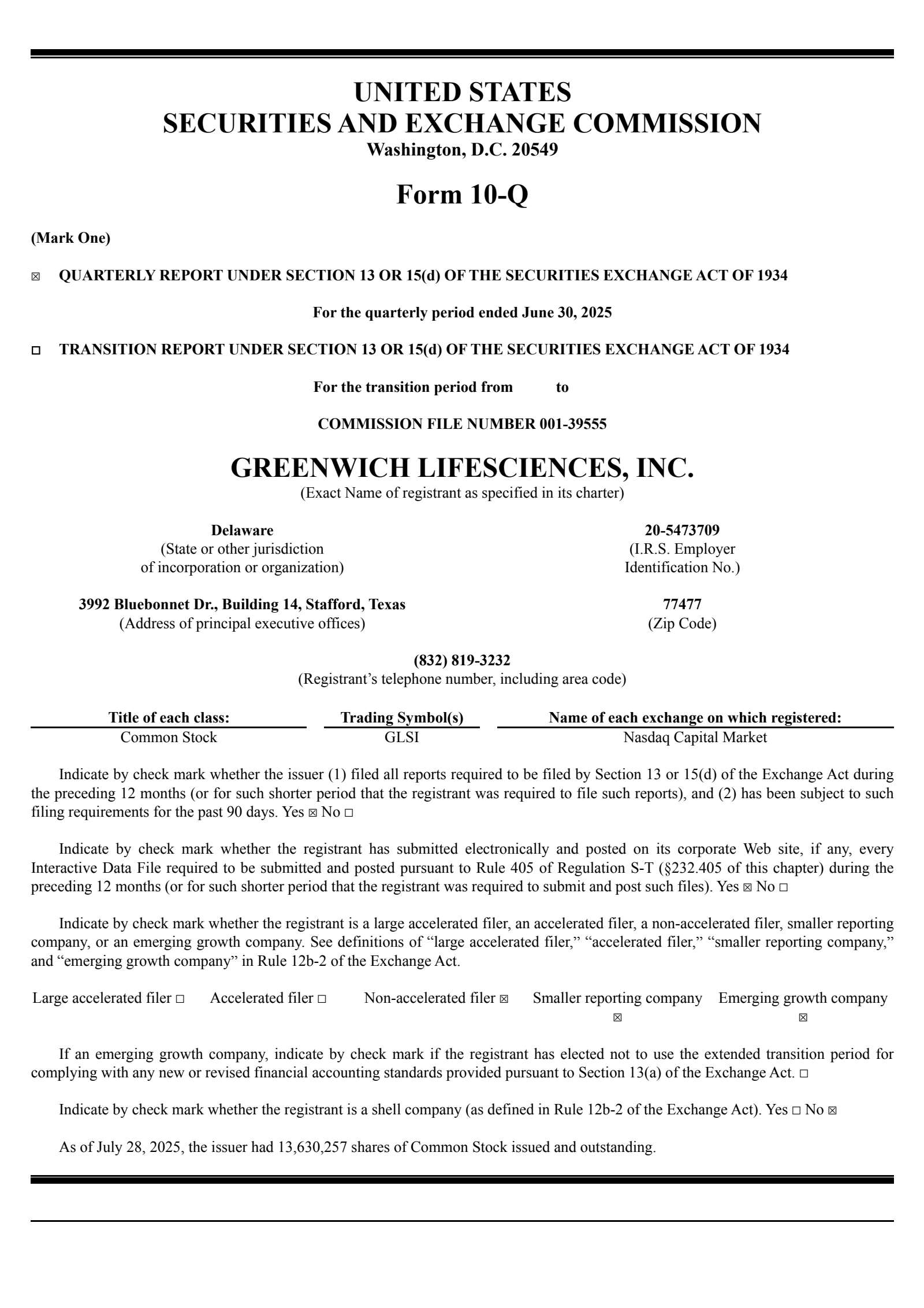 Greenwich LifeSciences' Q2 2025 Quarterly report