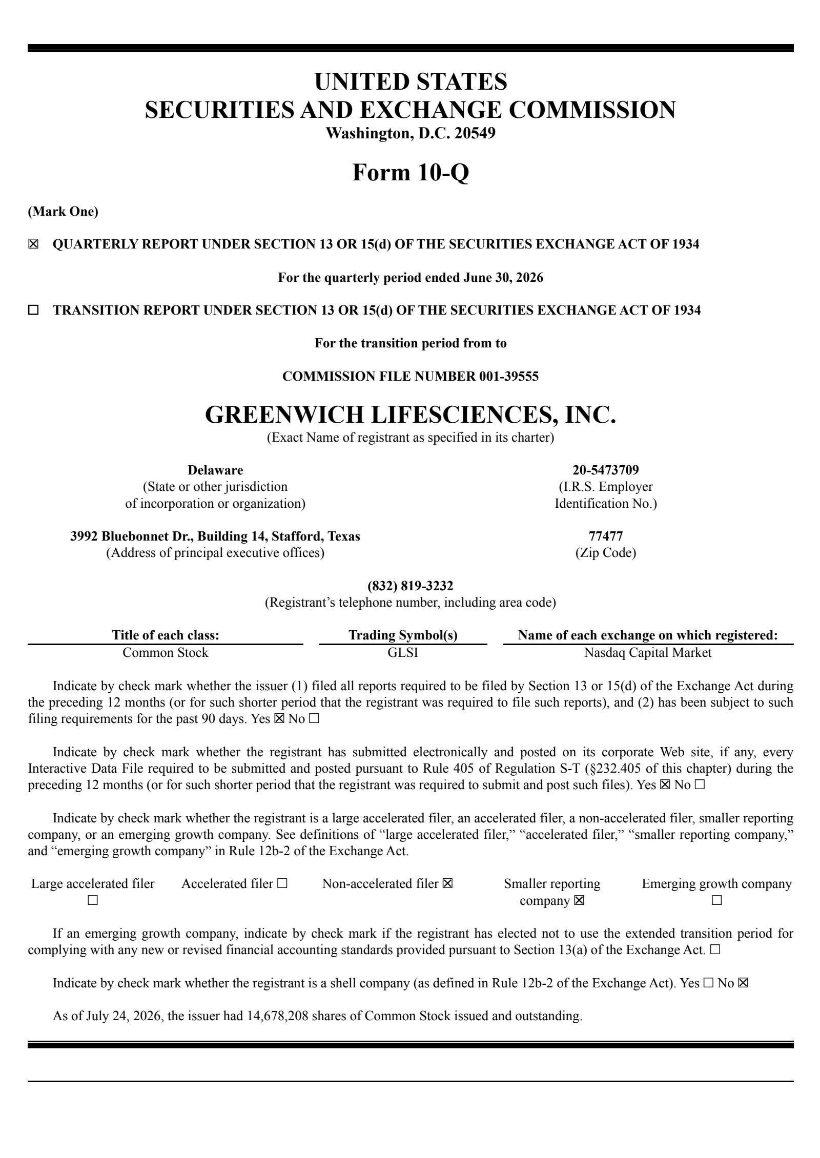 Greenwich LifeSciences' Q2 2026 Quarterly report