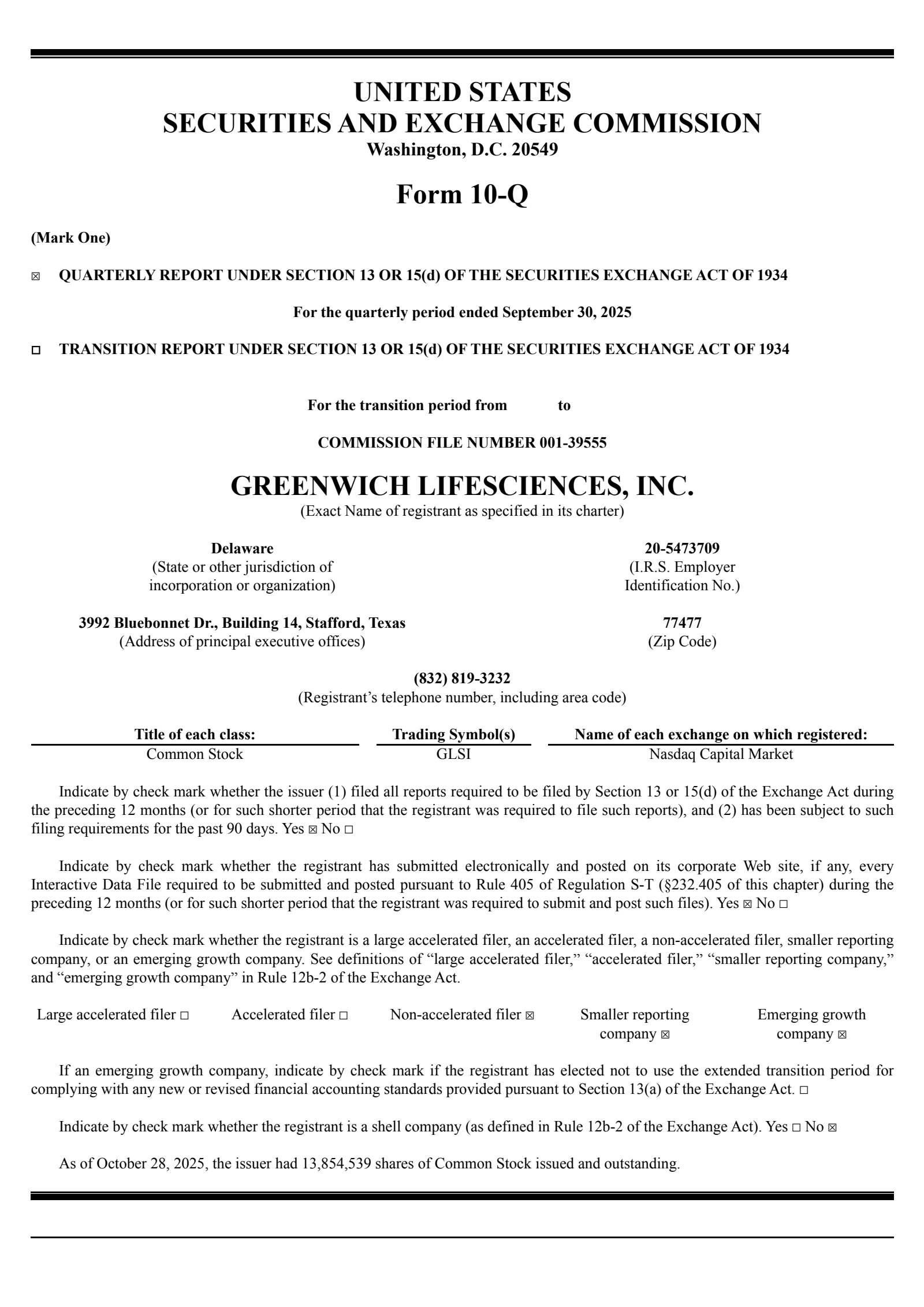 Greenwich LifeSciences' Q3 2025 Quarterly report