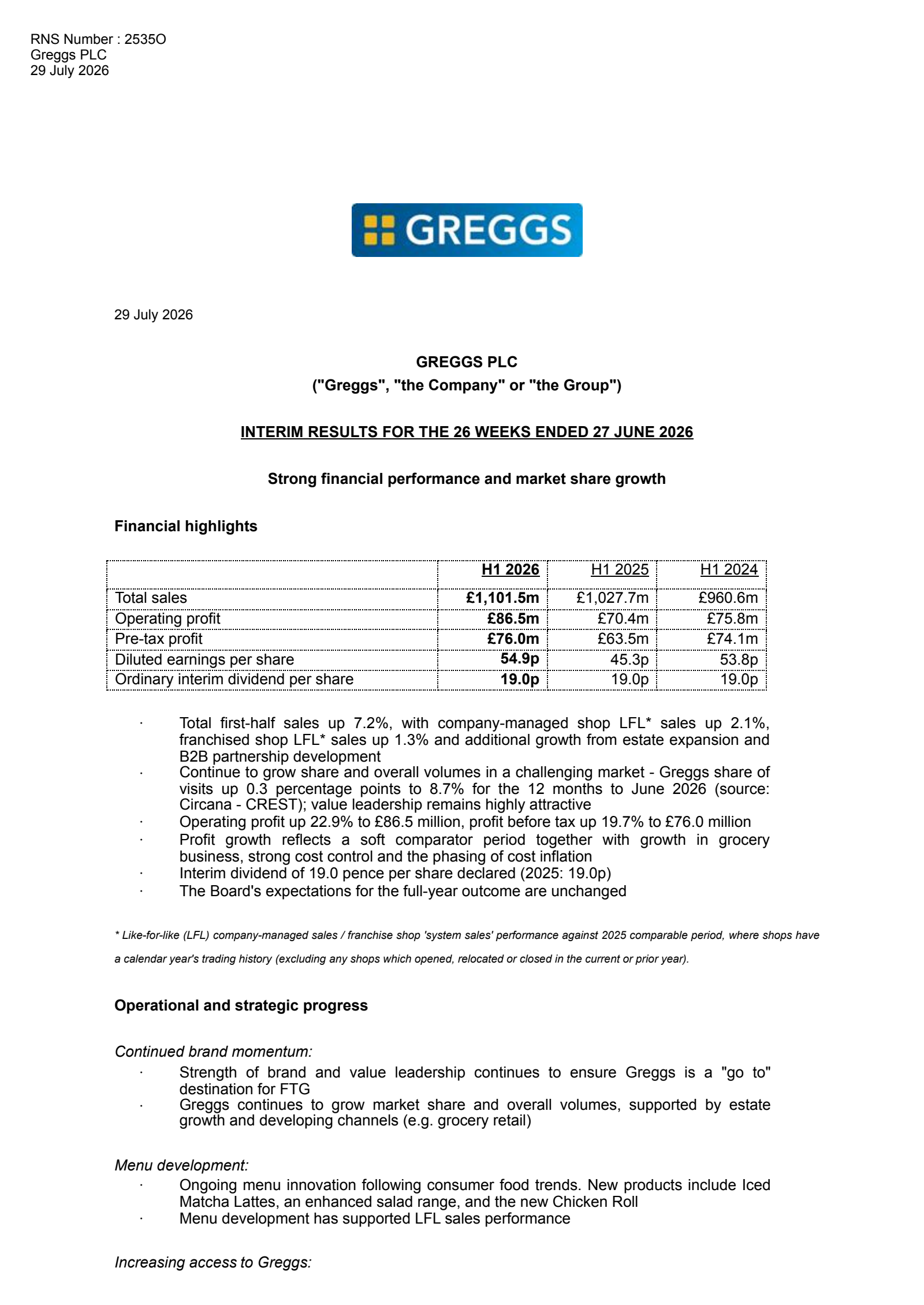 Greggs' H1 2026 Interim report