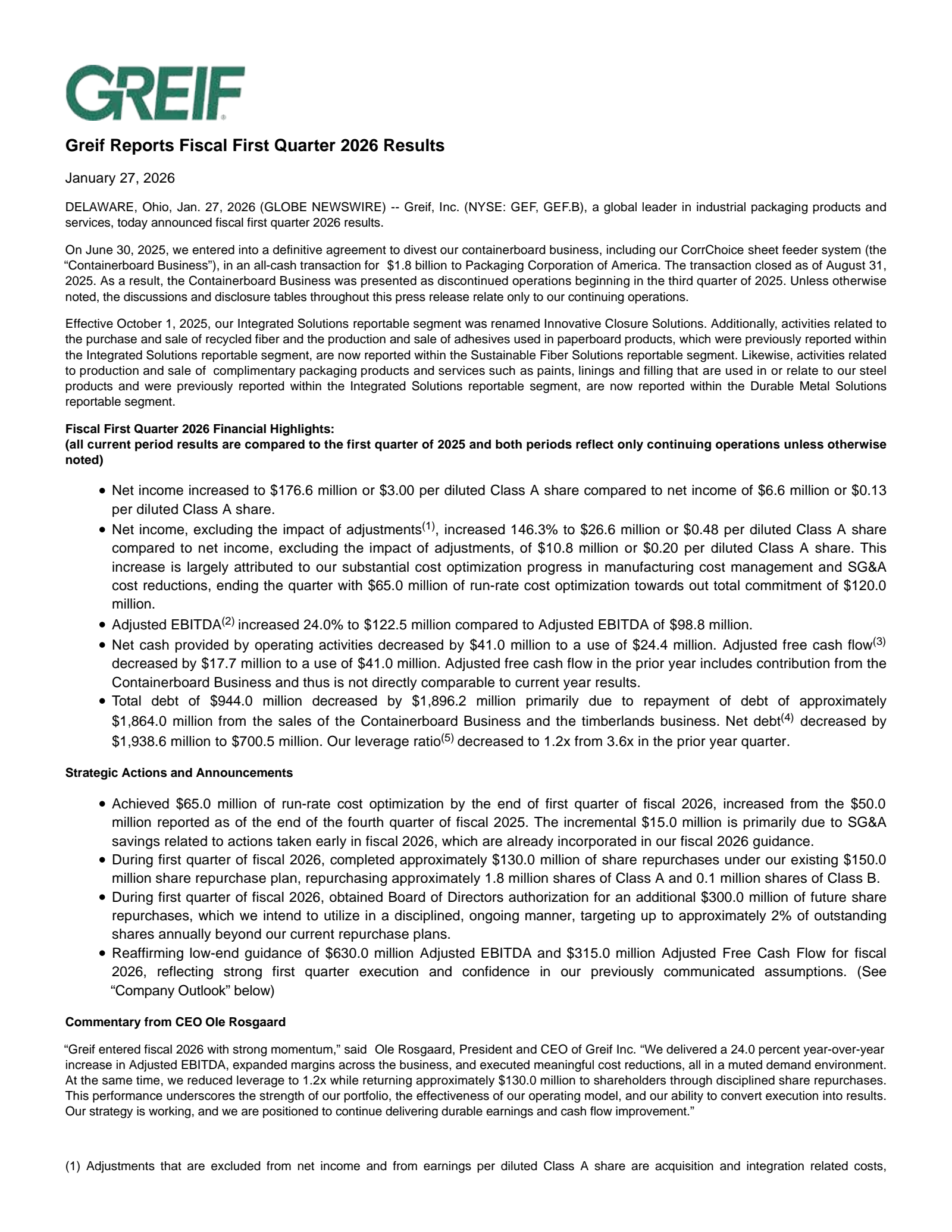 Greif's Q1 2026 Press Release