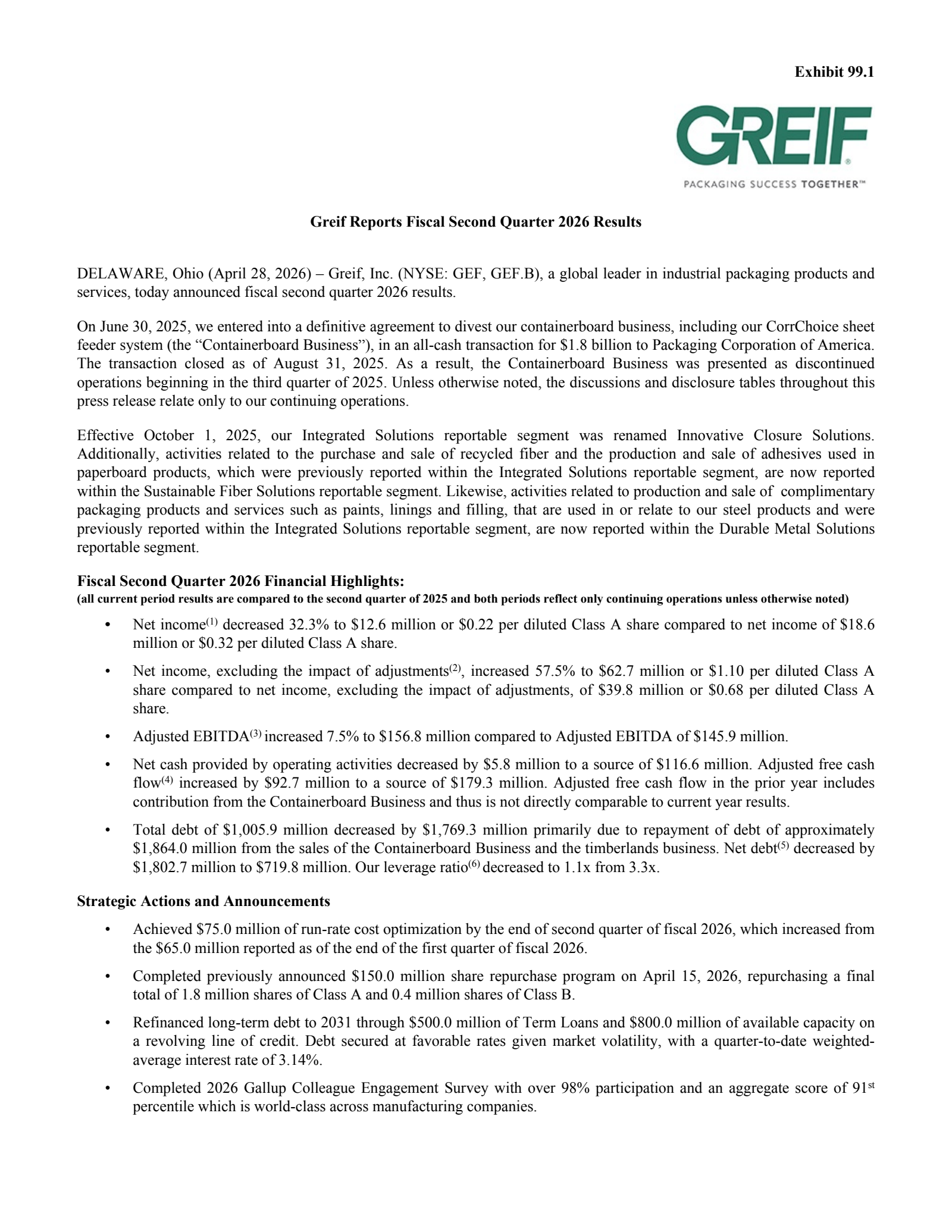 Greif's Q2 2026 Press Release