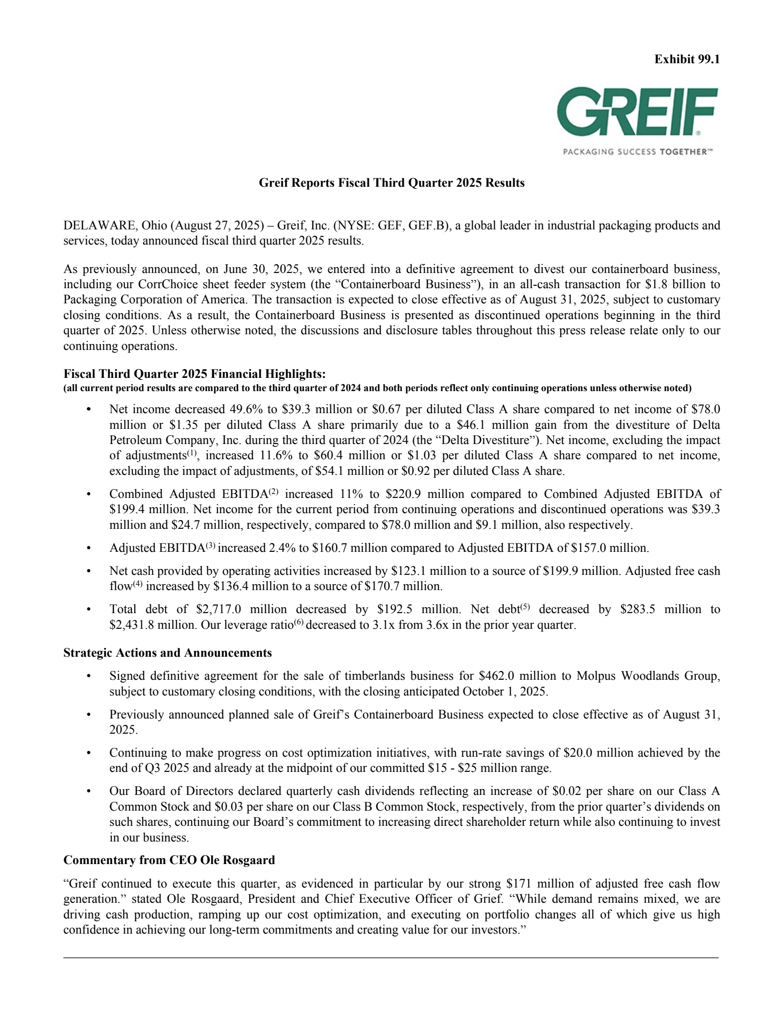 Greif's Q3 2025 Press Release