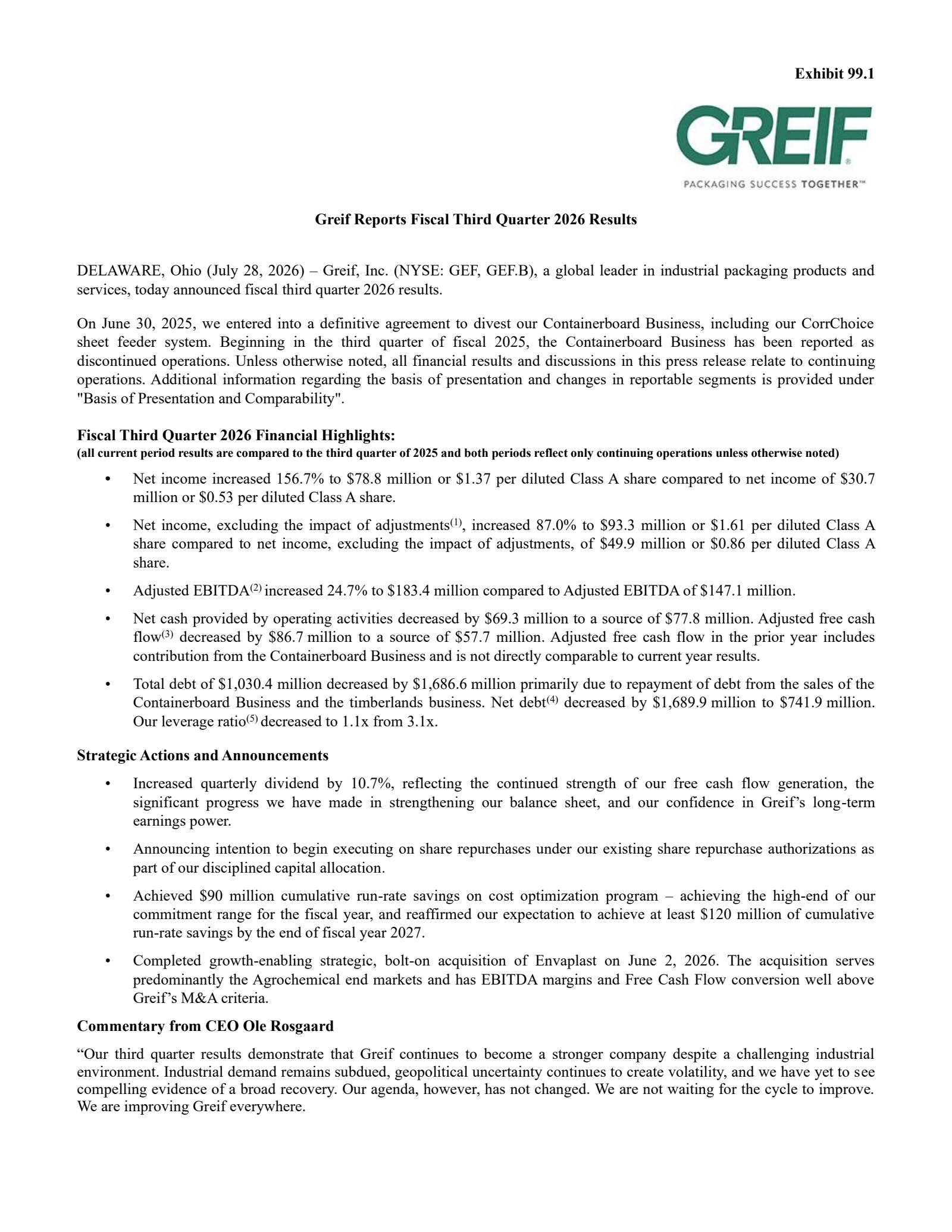 Greif's Q3 2026 Press Release