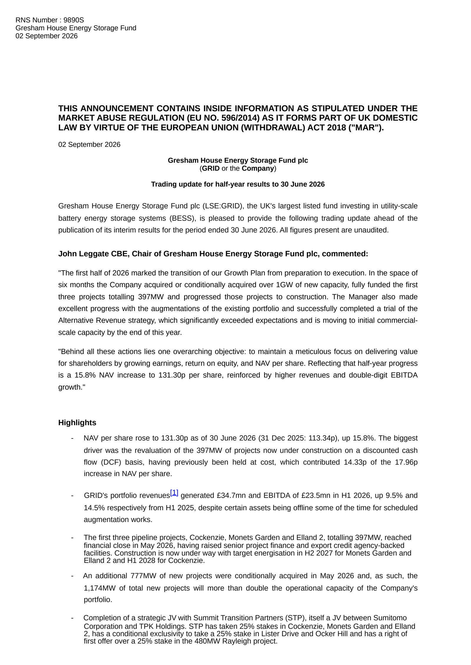 Gresham House Energy Storage's H1 2026 TU Press Release