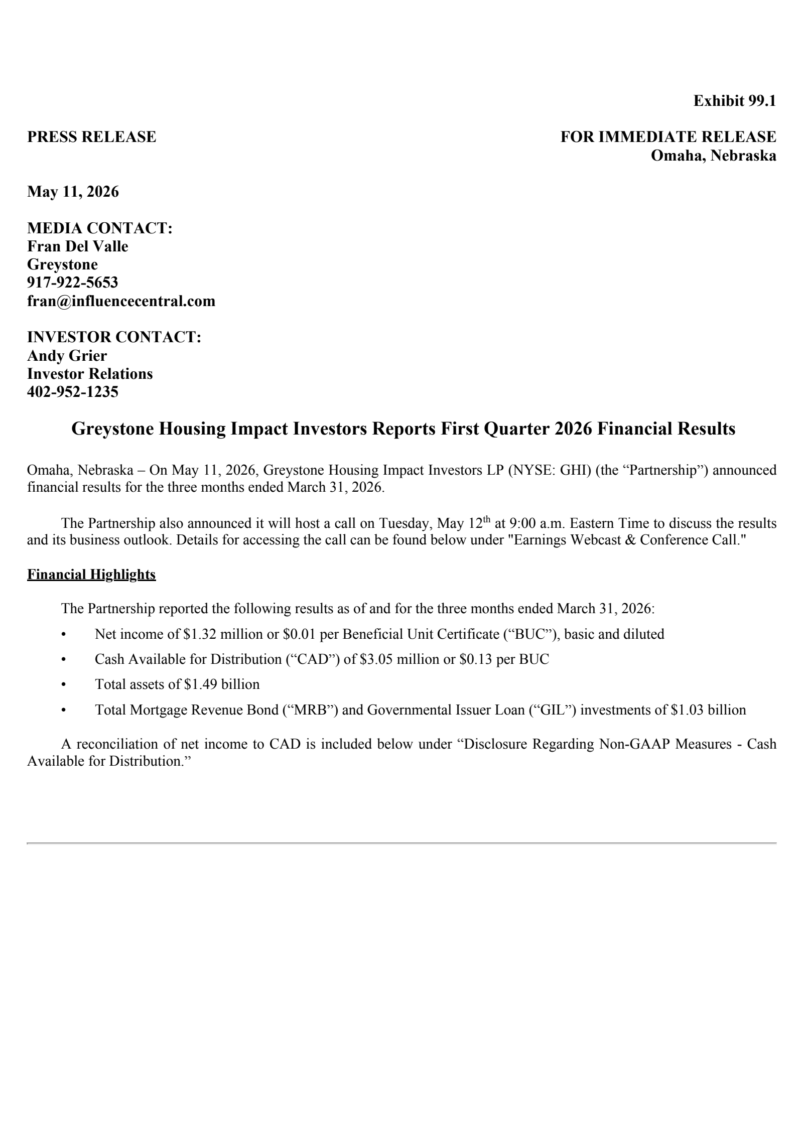 Greystone Housing Impact Investors' Q1 2026 Press Release